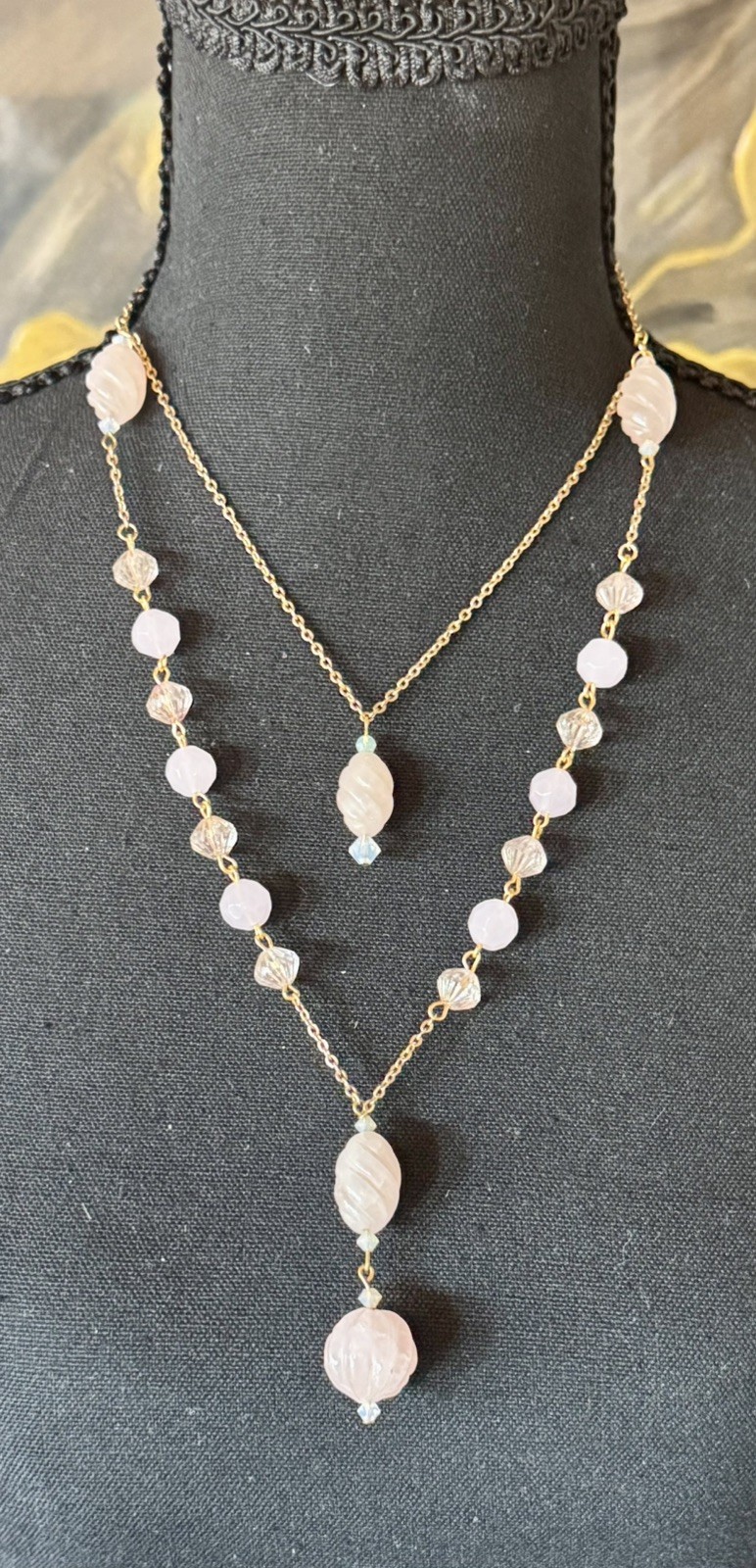 Vintage Pale Pink Molded Czech Glass & Czech Cut Crystals Sautoir Necklace