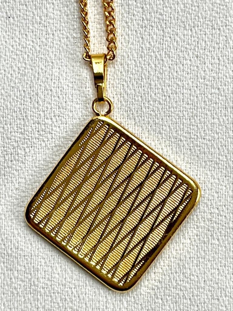 Vintage Damascene Toledo Spain Black Enamel Square Pendant 24” chain #8-8