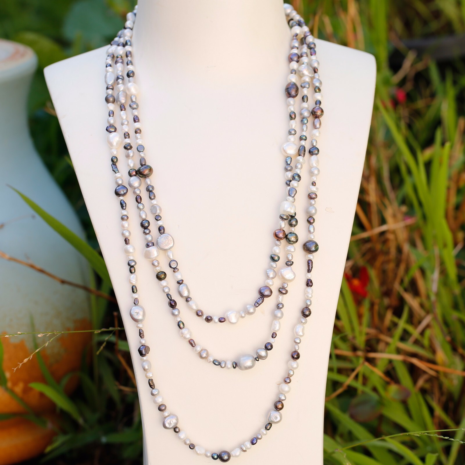 180cm size3-9mm baroque White black grey freshwater pearl Morandi color necklace