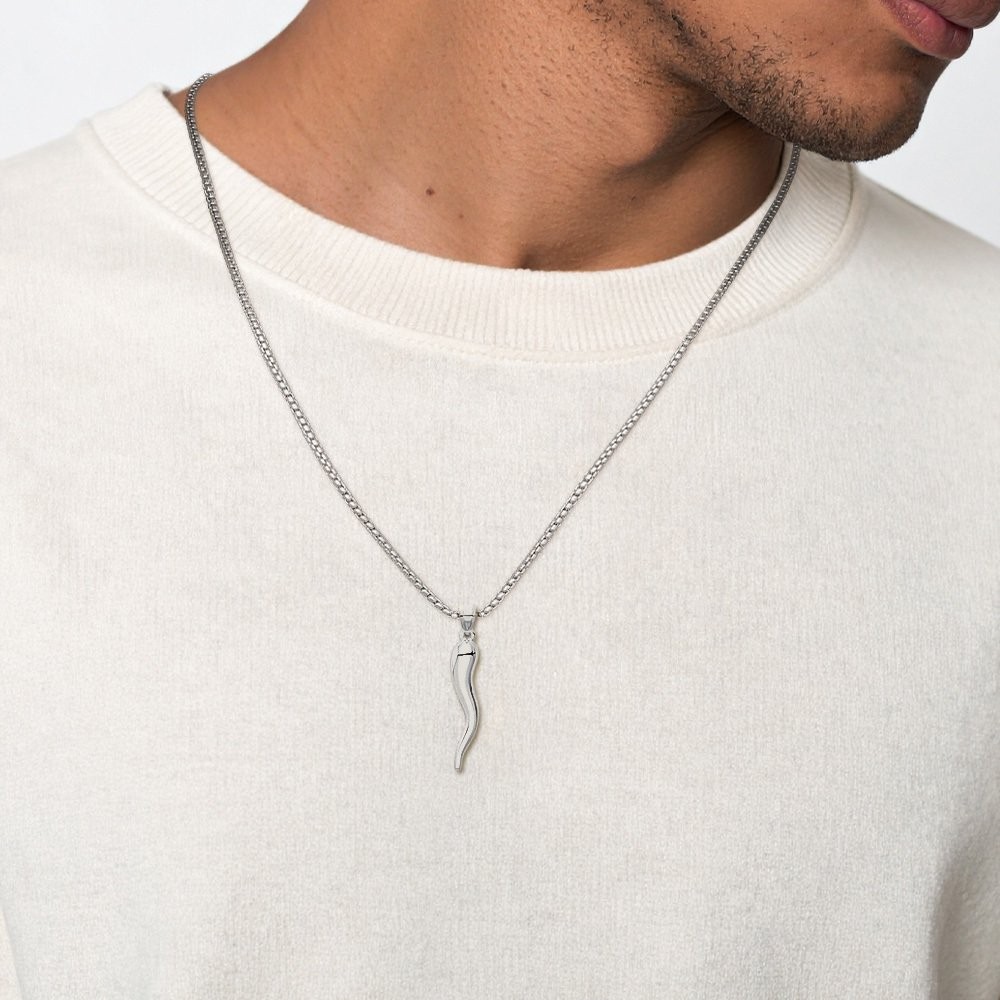 10K White Gold Extra Large Cornicello Italian Horn Pendant Necklace 42mm 1-5/8