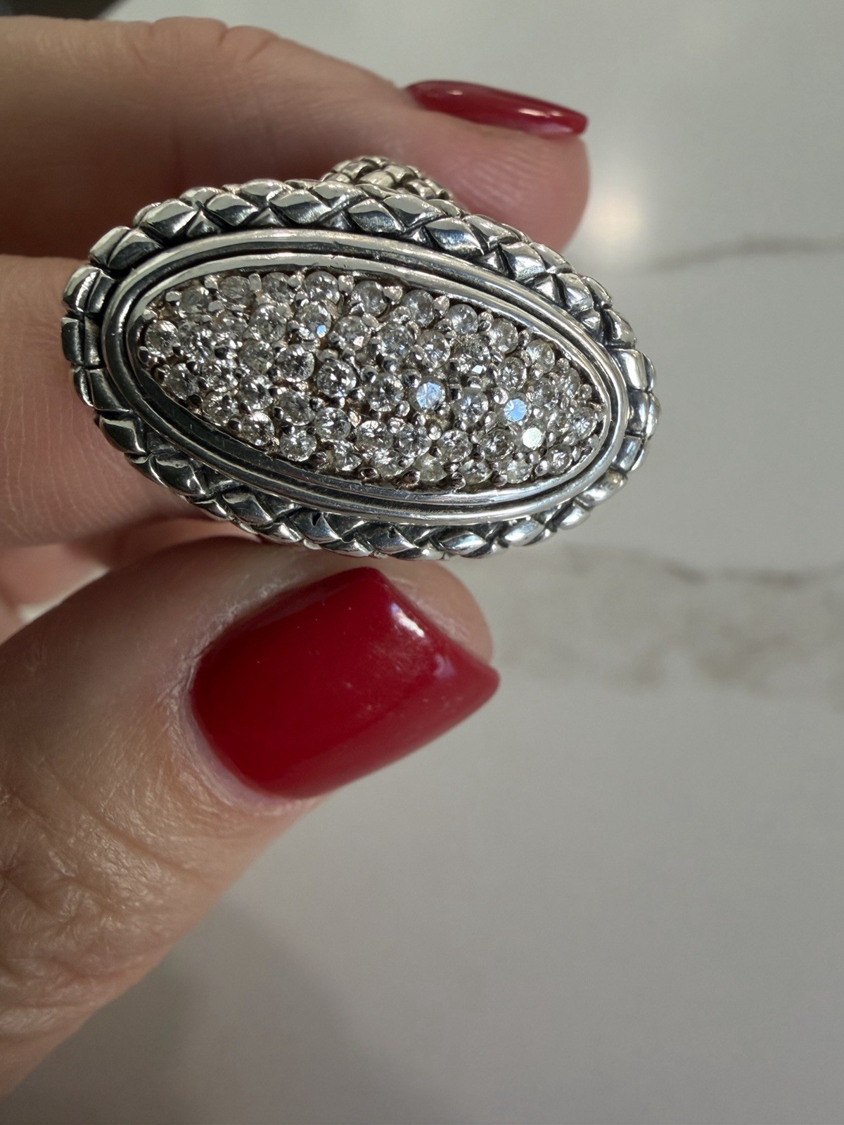 SCOTT KAY Sterling Silver Pave Woven Statement Size 7.5 Bold Cocktail Ring
