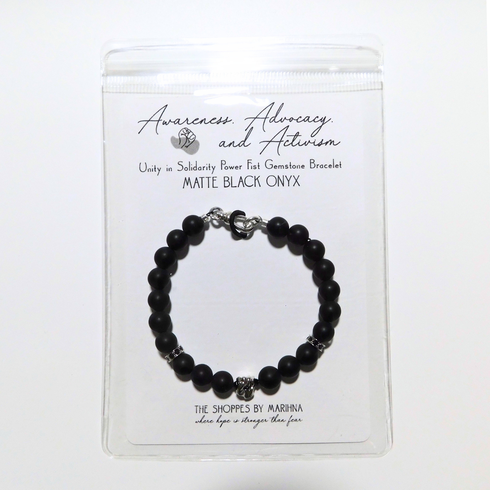 18K White Gold Filled Matte Black Onyx Power Fist Bracelet Protest Jewelry Luxe