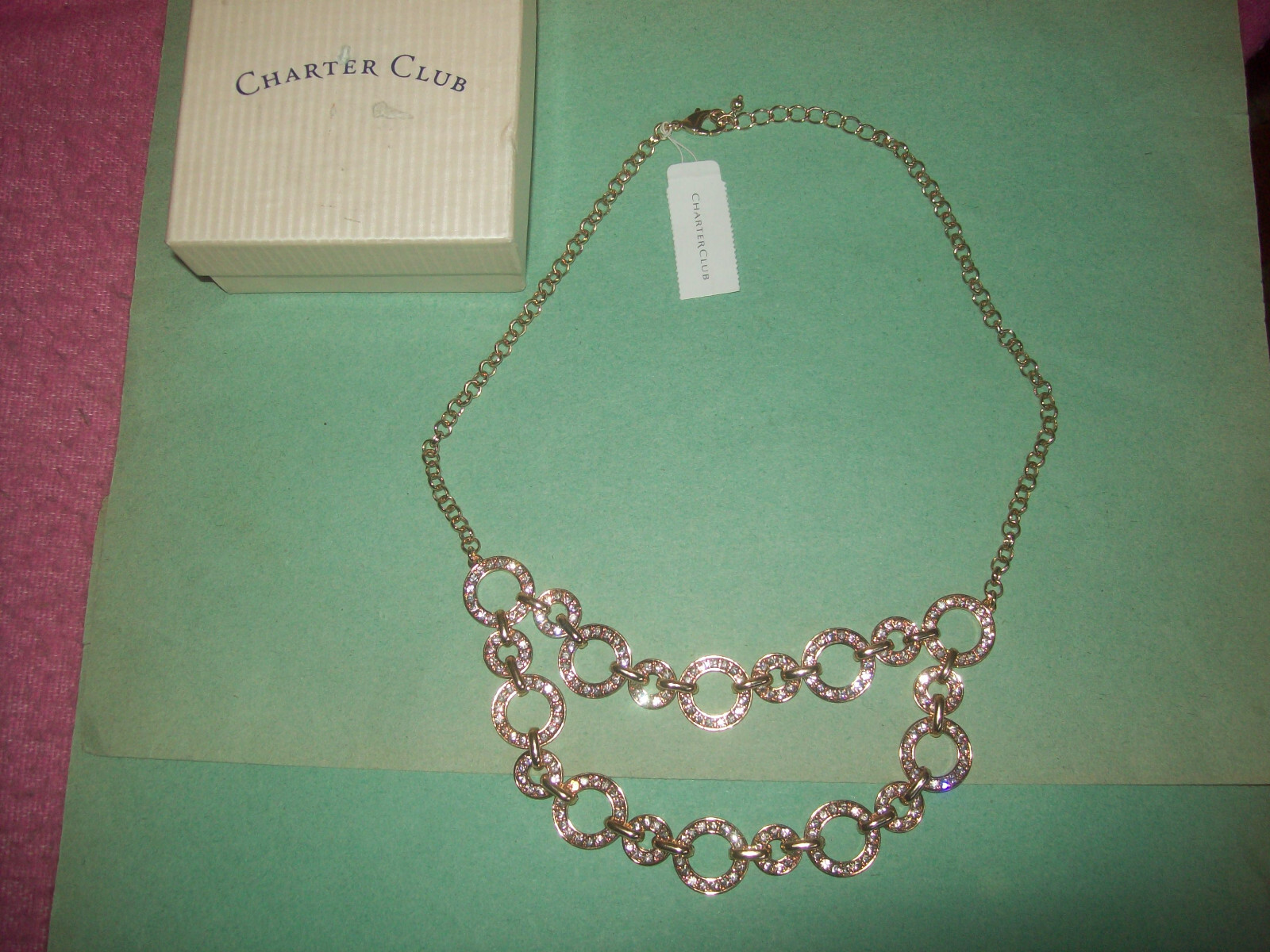 CHARTER CLUB 2 STRAND GOLD TONE CONNECTED RINGS SPARKLING RHINESTONES NECKLACE
