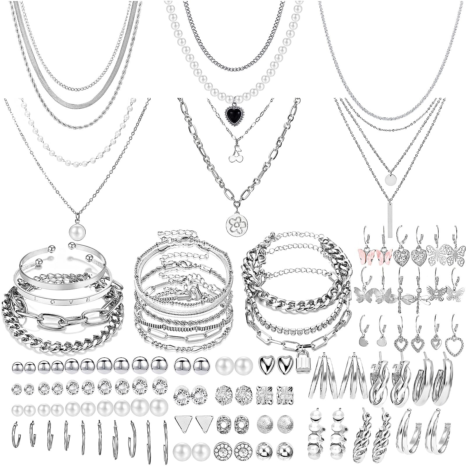 NEWITIN 69 Pieces Silver Jewelry Set for Women Fashion