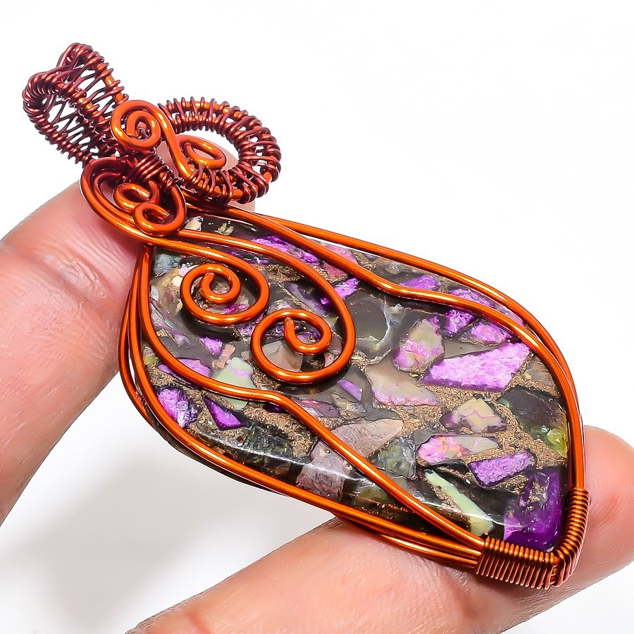Copper Charoite Gemstone Beautiful Wire Wrap Copper Jewelry Pendant 2.8″ PG 1895