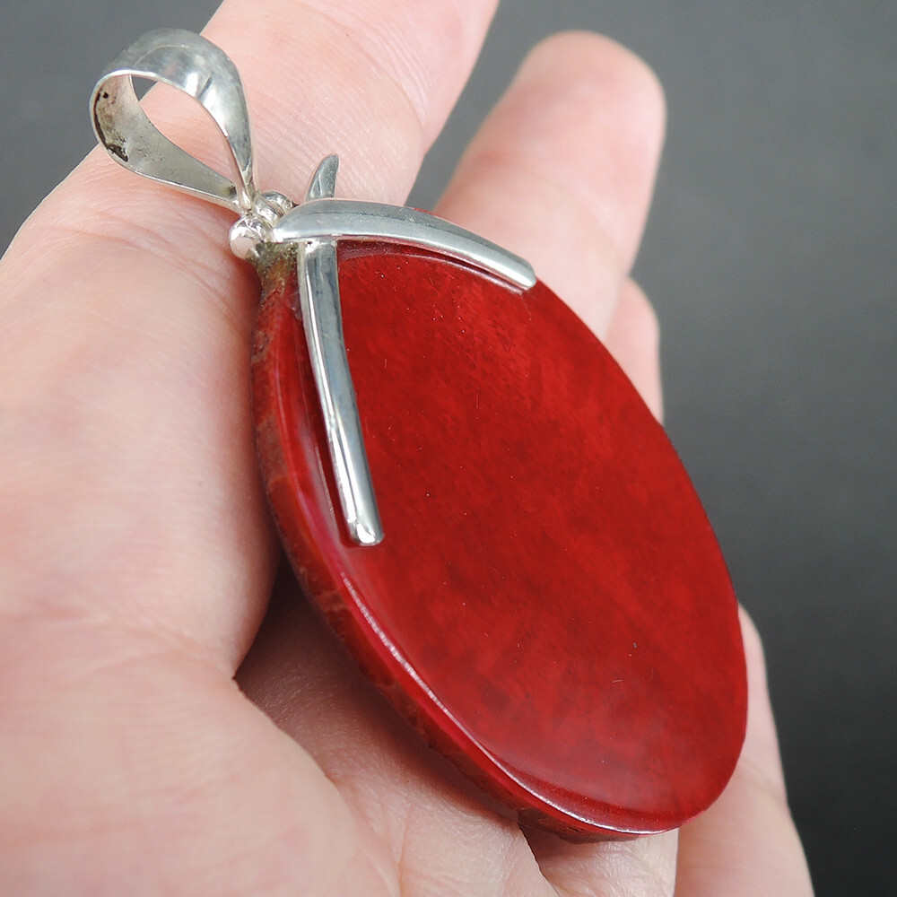 925 Sterling Silver Flat Oval Shaped Red Coral & Resin Pendant Jewelry, RCP-243