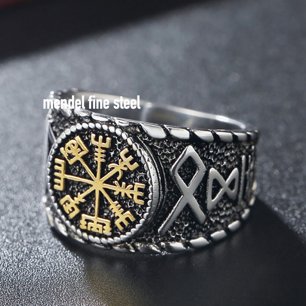 MENDEL Mens Stainless Steel Pagan Viking Vegvisir Rune Signet Ring Men Size 7-15