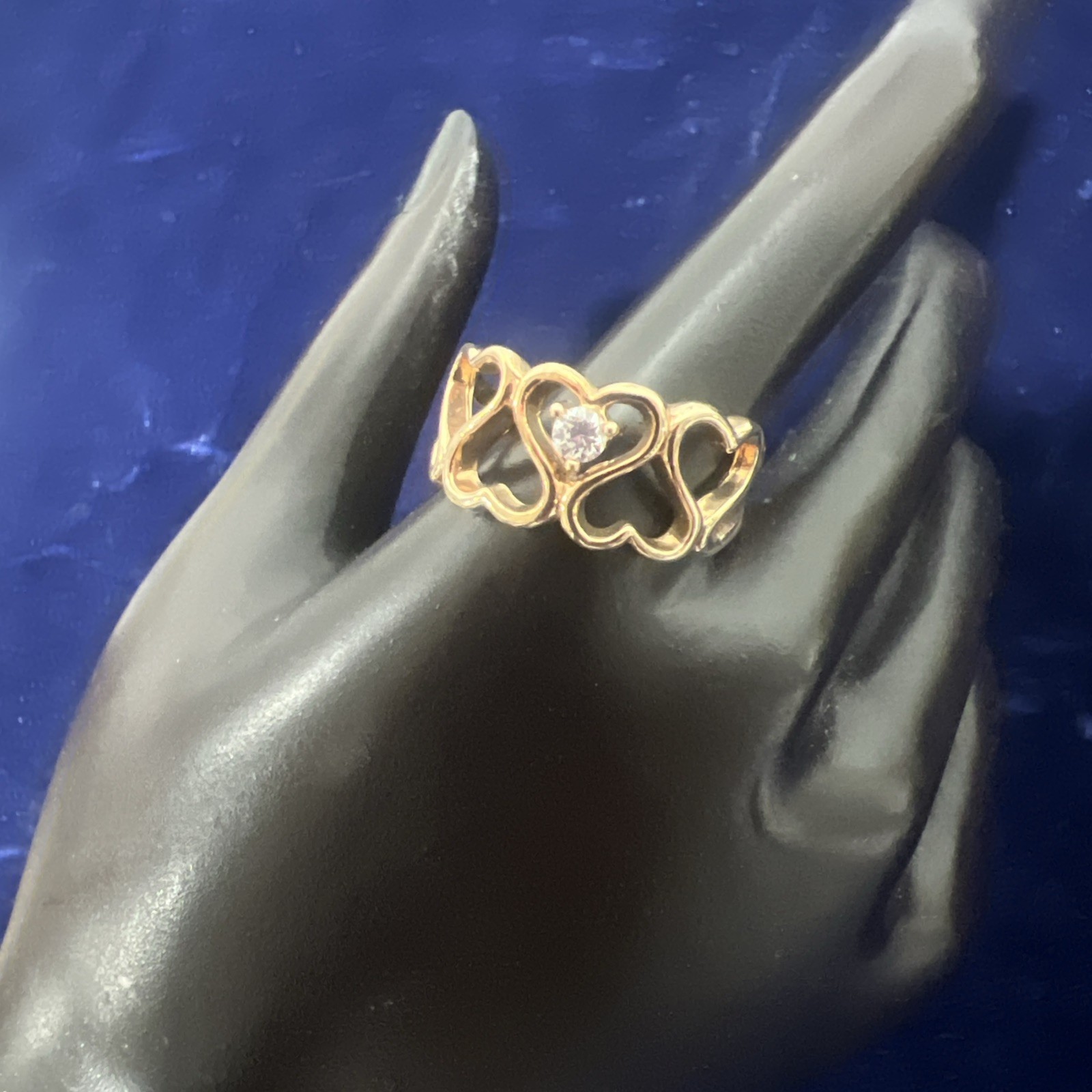 Vintage Signed Korea Size 6.5 Gold tone Crystal Linked Hearts Ring