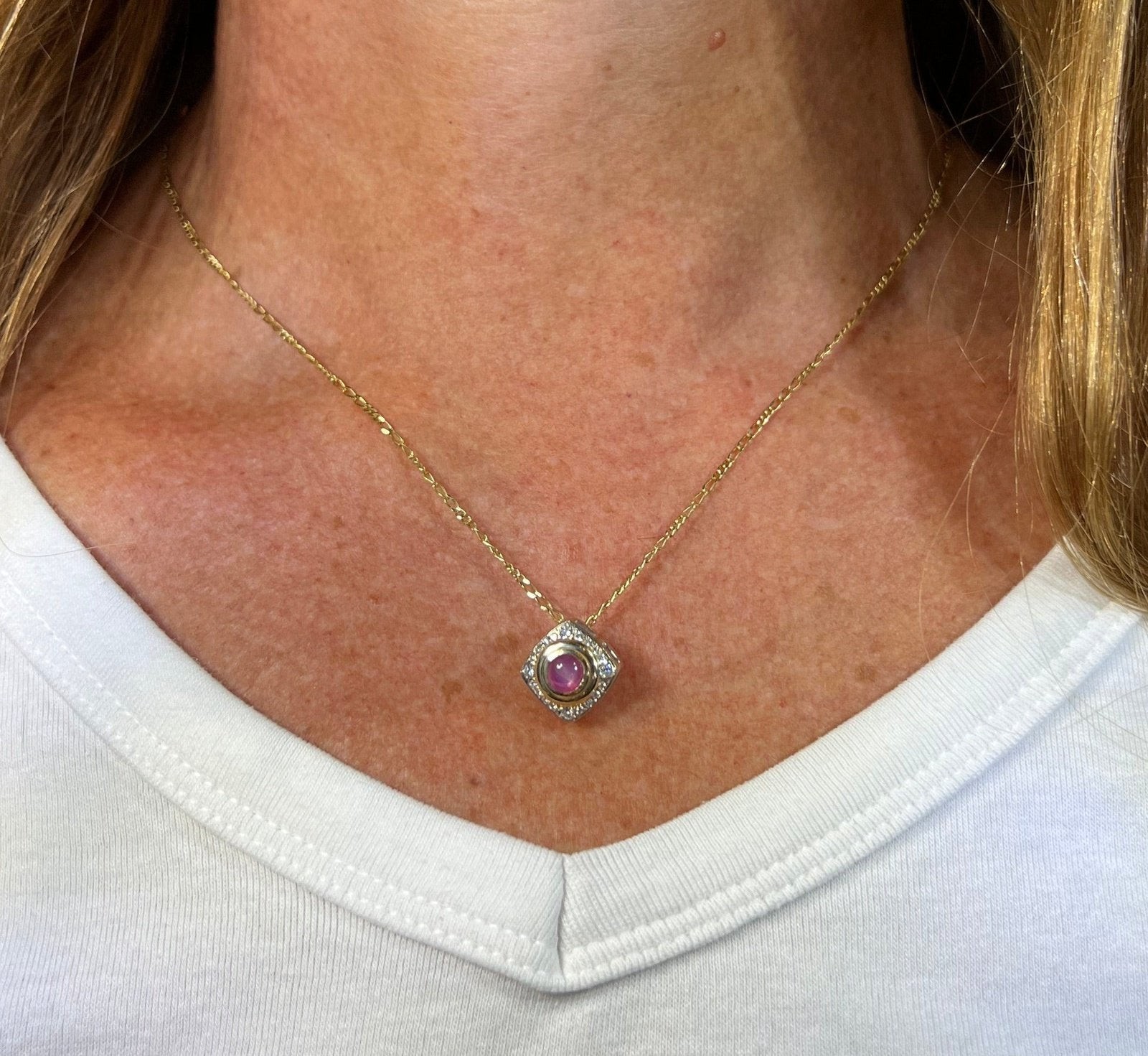 14k Gold Pink Star Sapphire Ruby Pendant w Diamond Halo *Video* A