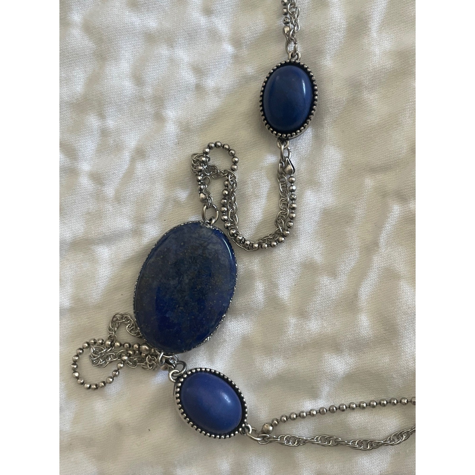 Chico’s Blue Accent Long Single Strand Necklace Sodalite Stone Silvertone 38″