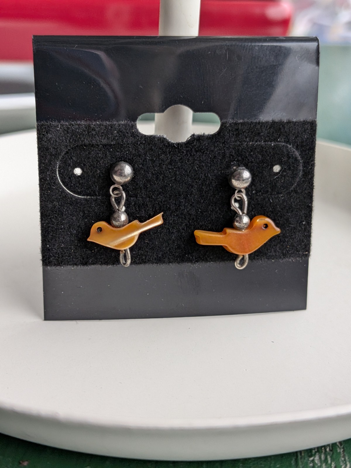 MCM Dainty Fetish Pierced Silver Tone Earrings Carved Orange Brown Shell Birds