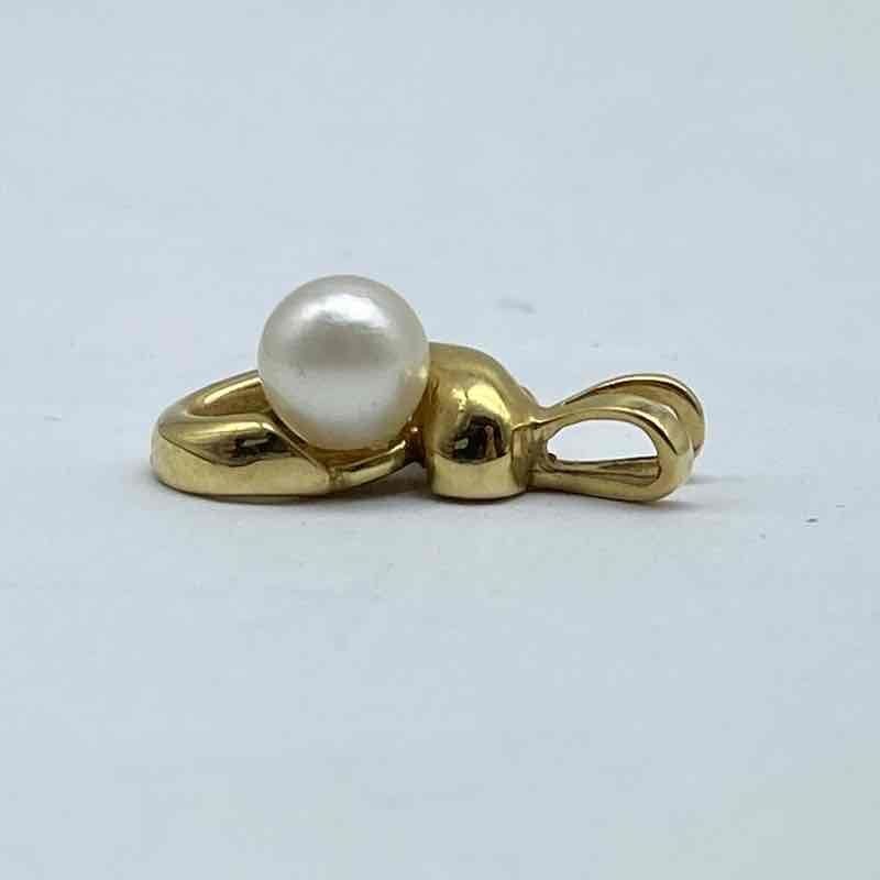 14K Yellow Gold 5.4mm Cultured White Pearl Swirl Pendant Modernist 1.8g