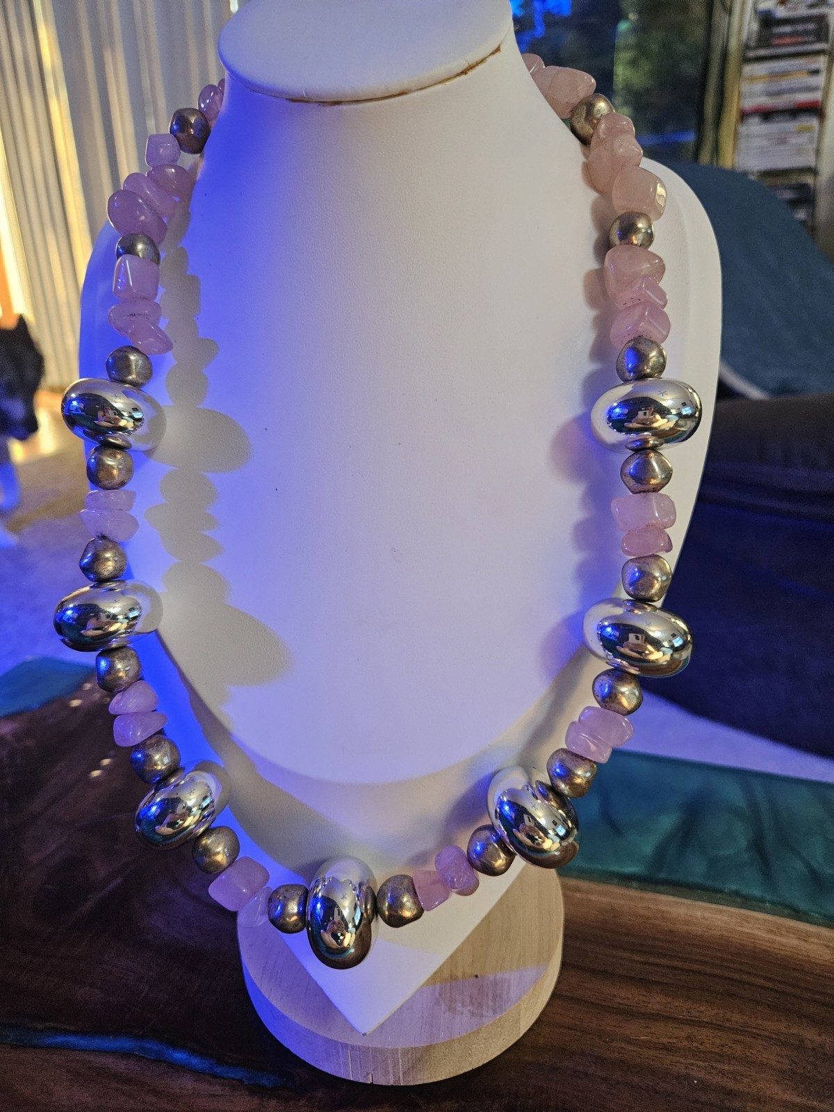 Vintage Chunky Rose Quartz And Silver Beaded Hook Closure Necklace