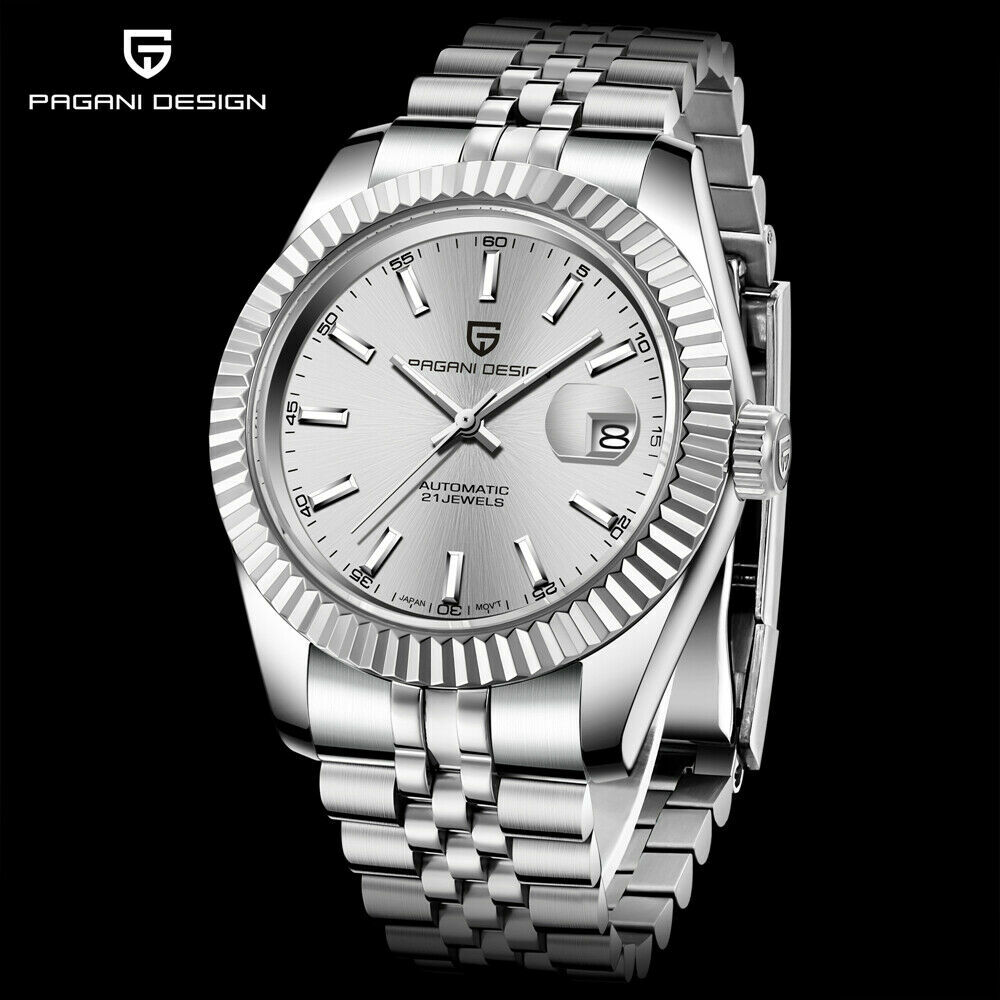 PAGANI Mens Auto Mechanical Watches Date Full Steel Band Watch 1645 Silver Tone
