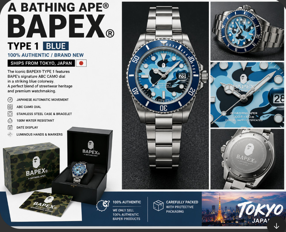 A BATHING APE BAPE TYPE 1 BAPEX Blue Camo Automatic Watch New Japan