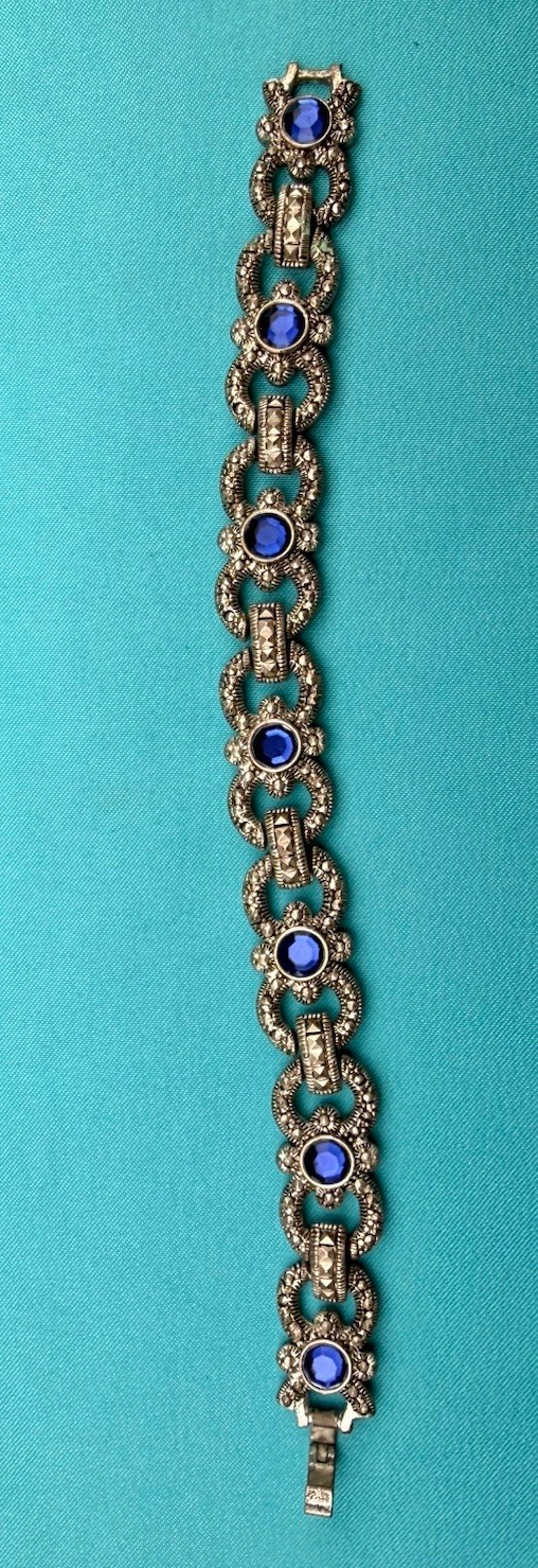 Art Deco Style Bracelet Moisonnite, Blue Saphhire Colored Cystals Silver 7.5”