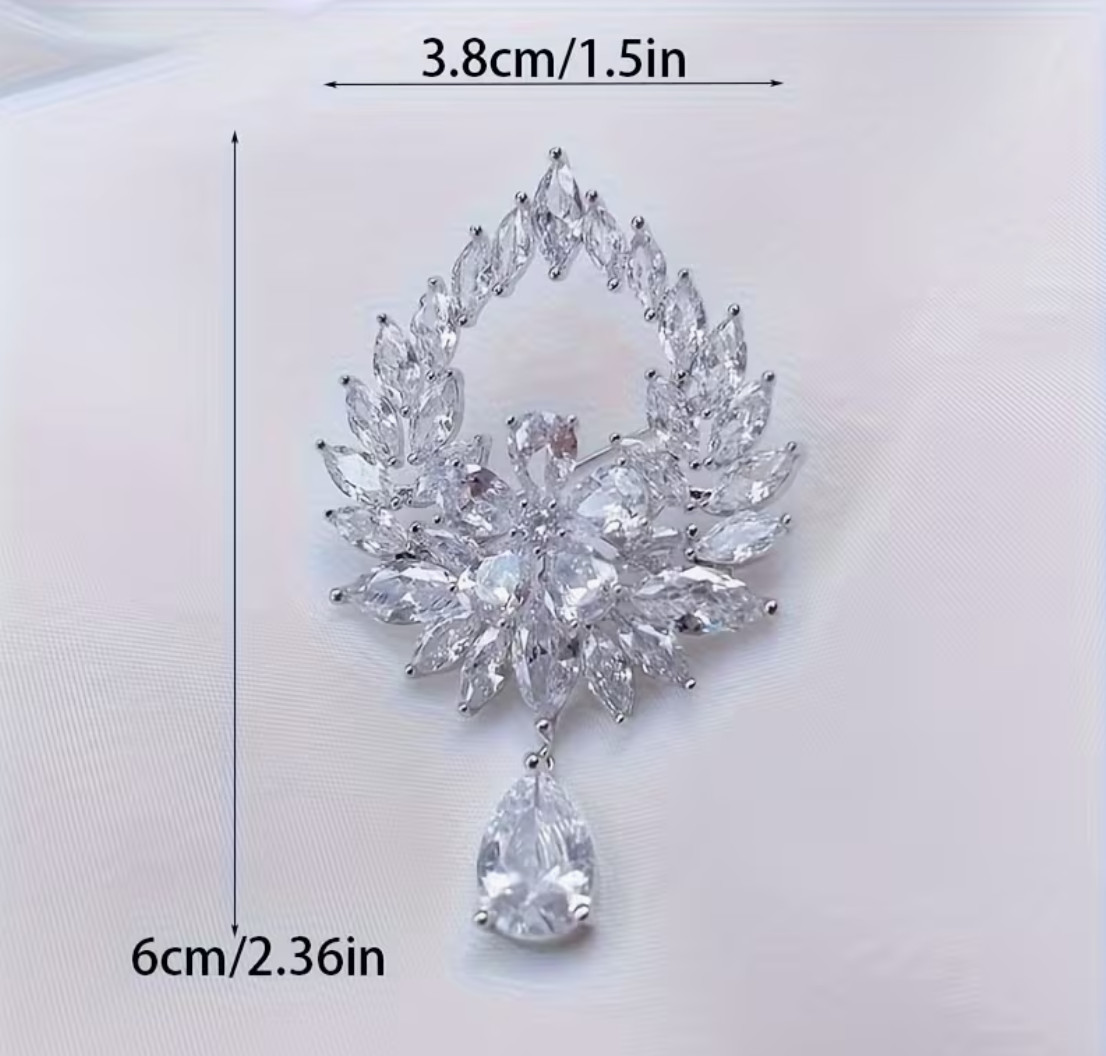 Crystal Rhinestone Floral Wreath Brooch Pear Drop Dangle Silver Glam Pin SPARKLE
