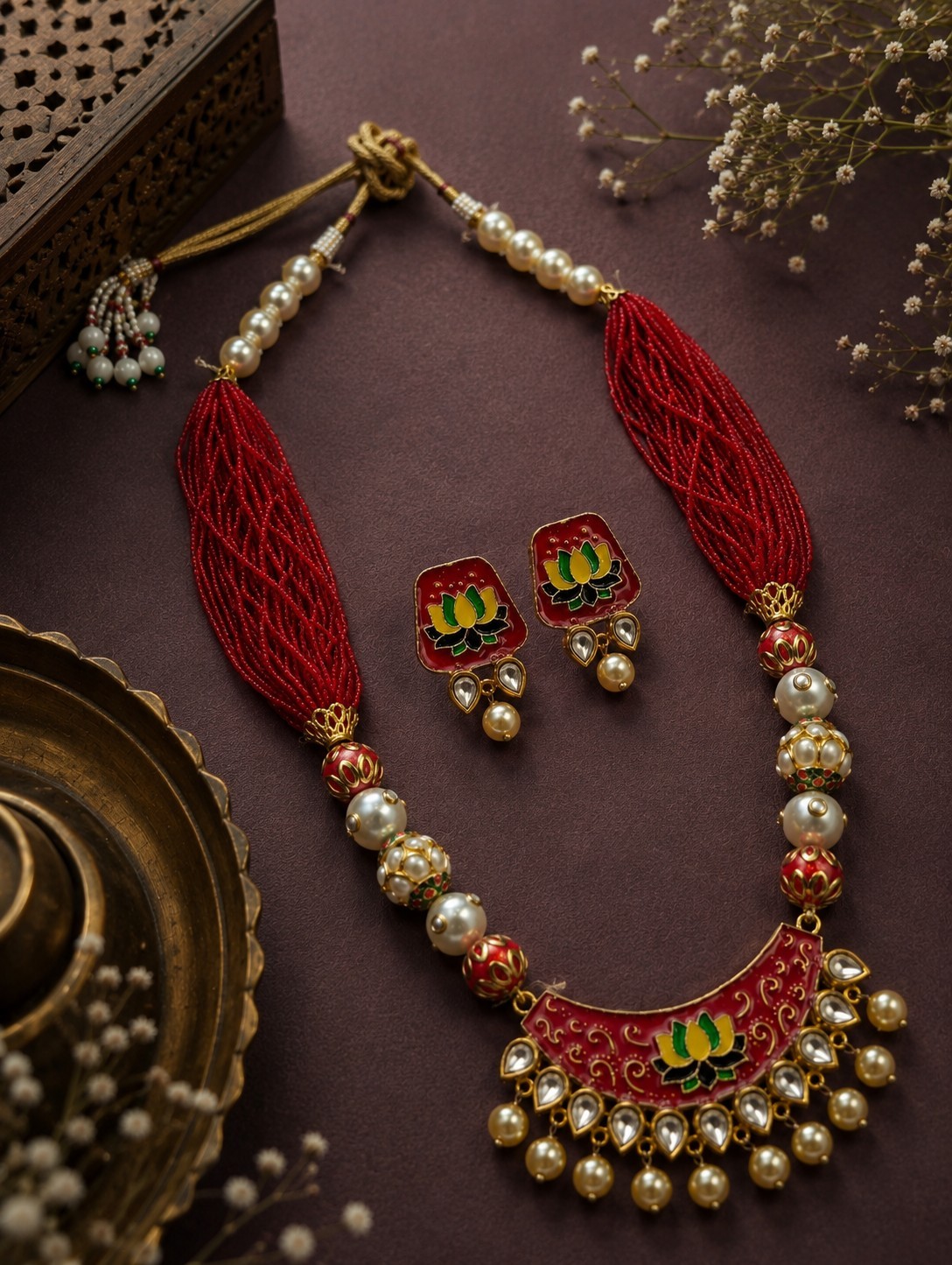 Handmade Lotus Thread Necklace Set Red Meenakari Pearl Indian Ethnic Jewelry