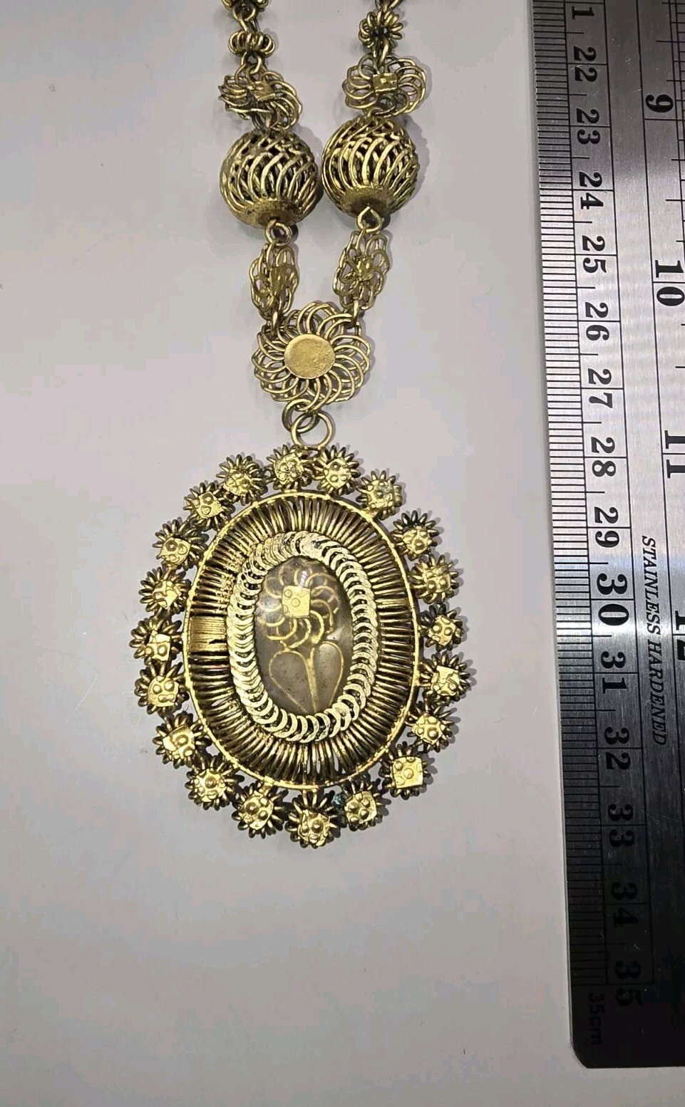 Philippines Tambourine Reliquary Gilt Copper Filigree Pendant Necklace Tamborin