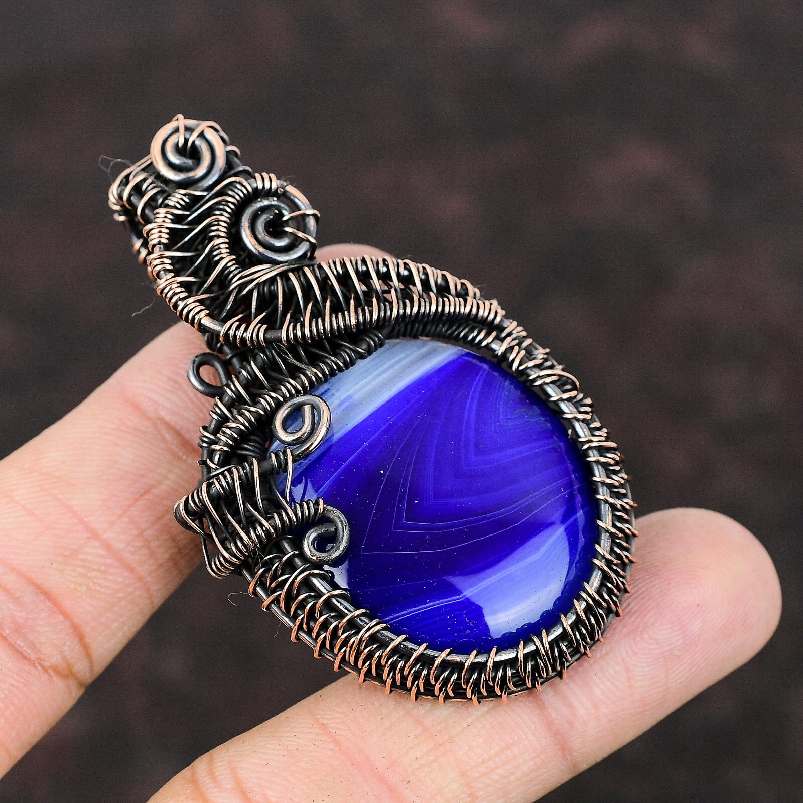 Gift For Her Copper Blue Botswana Agate Jewelry Wire Wrapped Pendant 2.56″