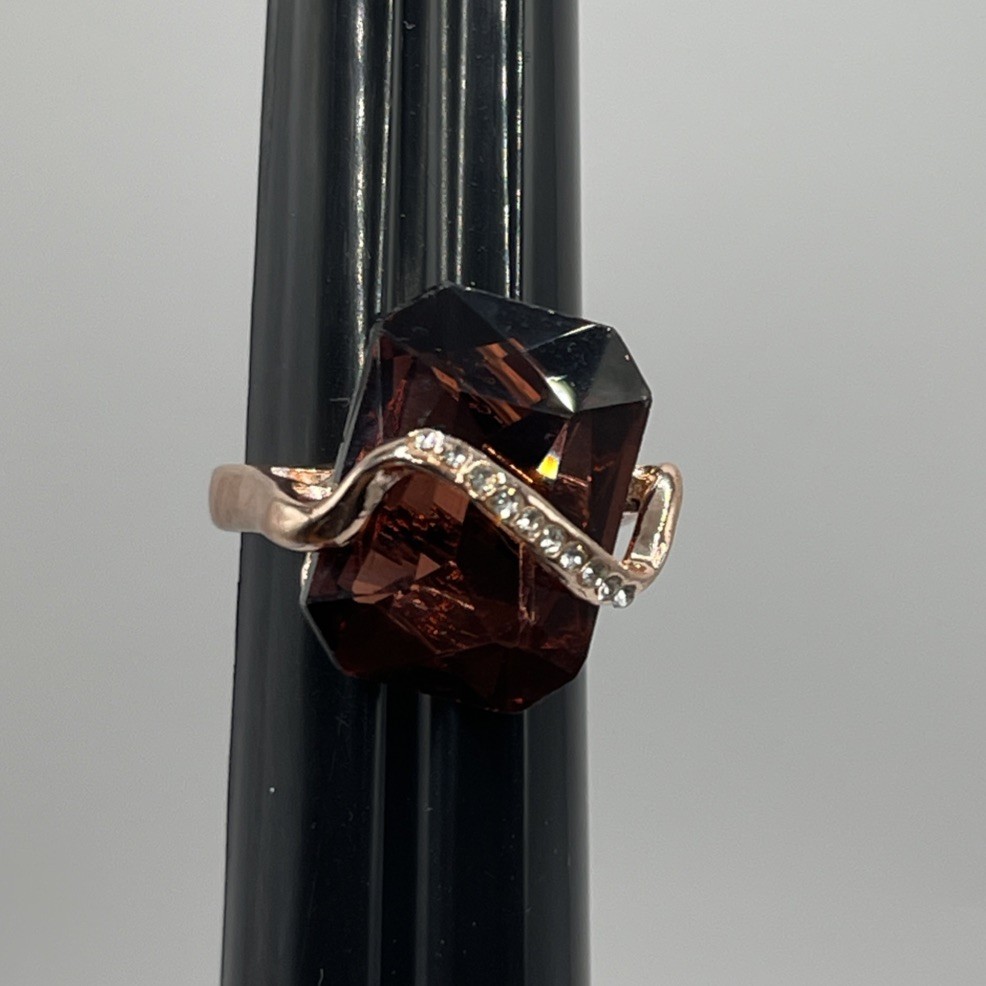 Rose Gold Filled Octagon Brown Cognac Wine Rhinestone Wave Wavy Ring Size 6.25
