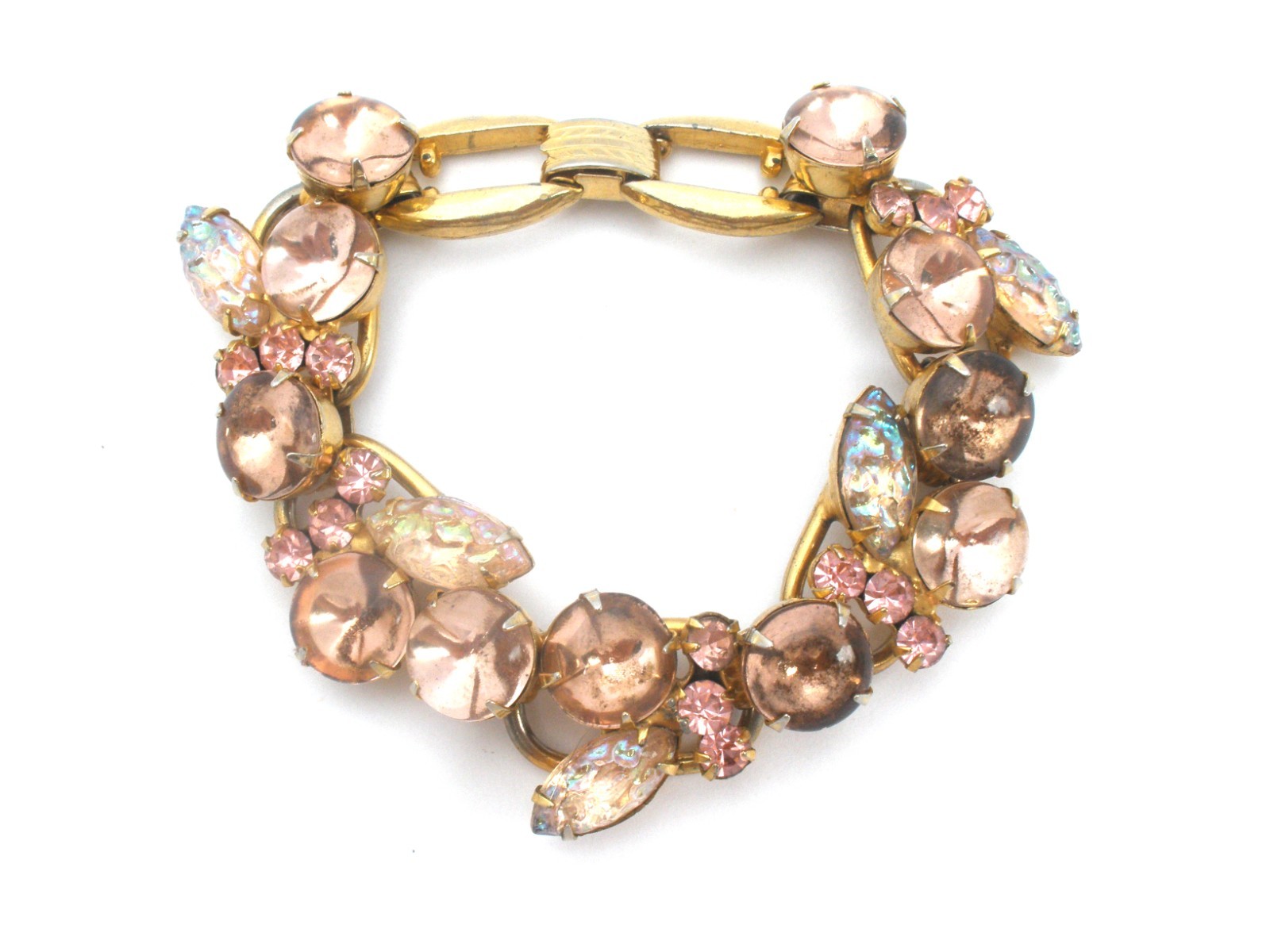 Vintage D & E For Juliana Bracelet Pink Rhinestones 5 Link 7.5″ Long Gold Tone