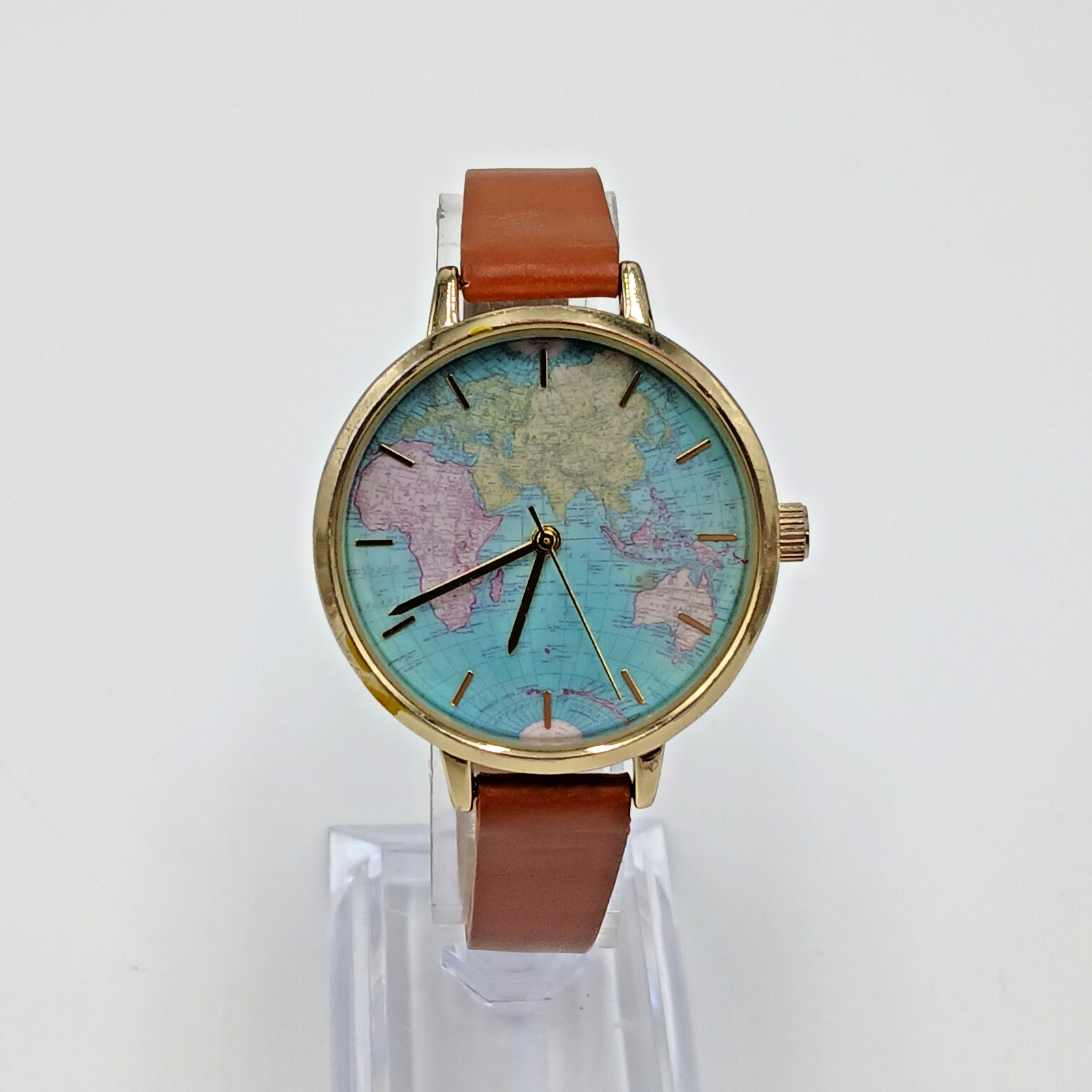 World Map Dial Watch Brown Leather 8in Strap Gold Tone Quartz Japan New Battery