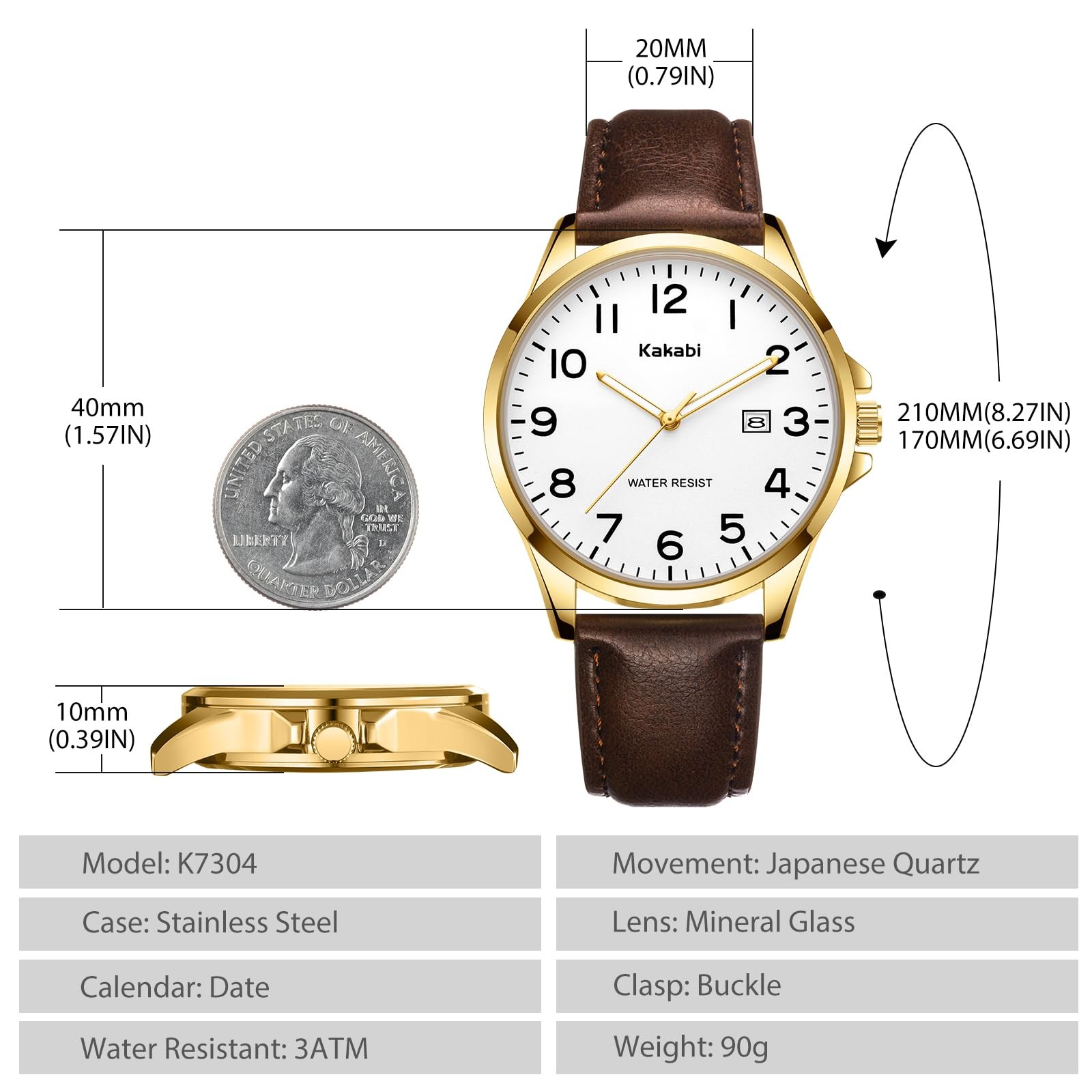 Kakabi Watch for Men, Fashion Minimalist Wrist 40MM, 01-BrownWhite