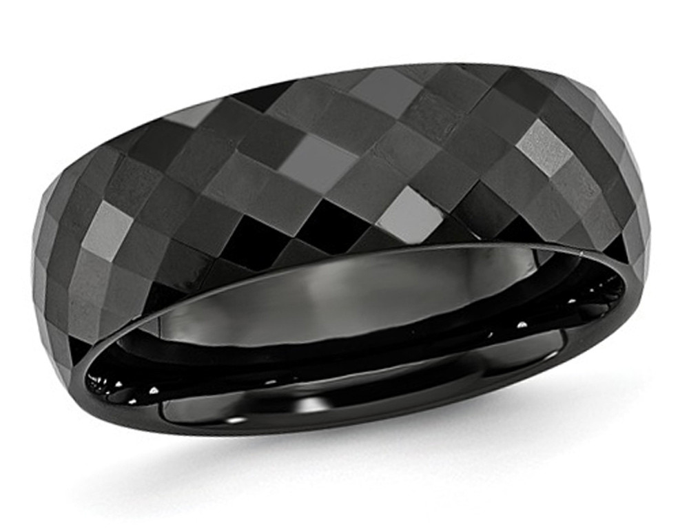Mens 8mm Faceted Black Ceramic Wedding Band Ring