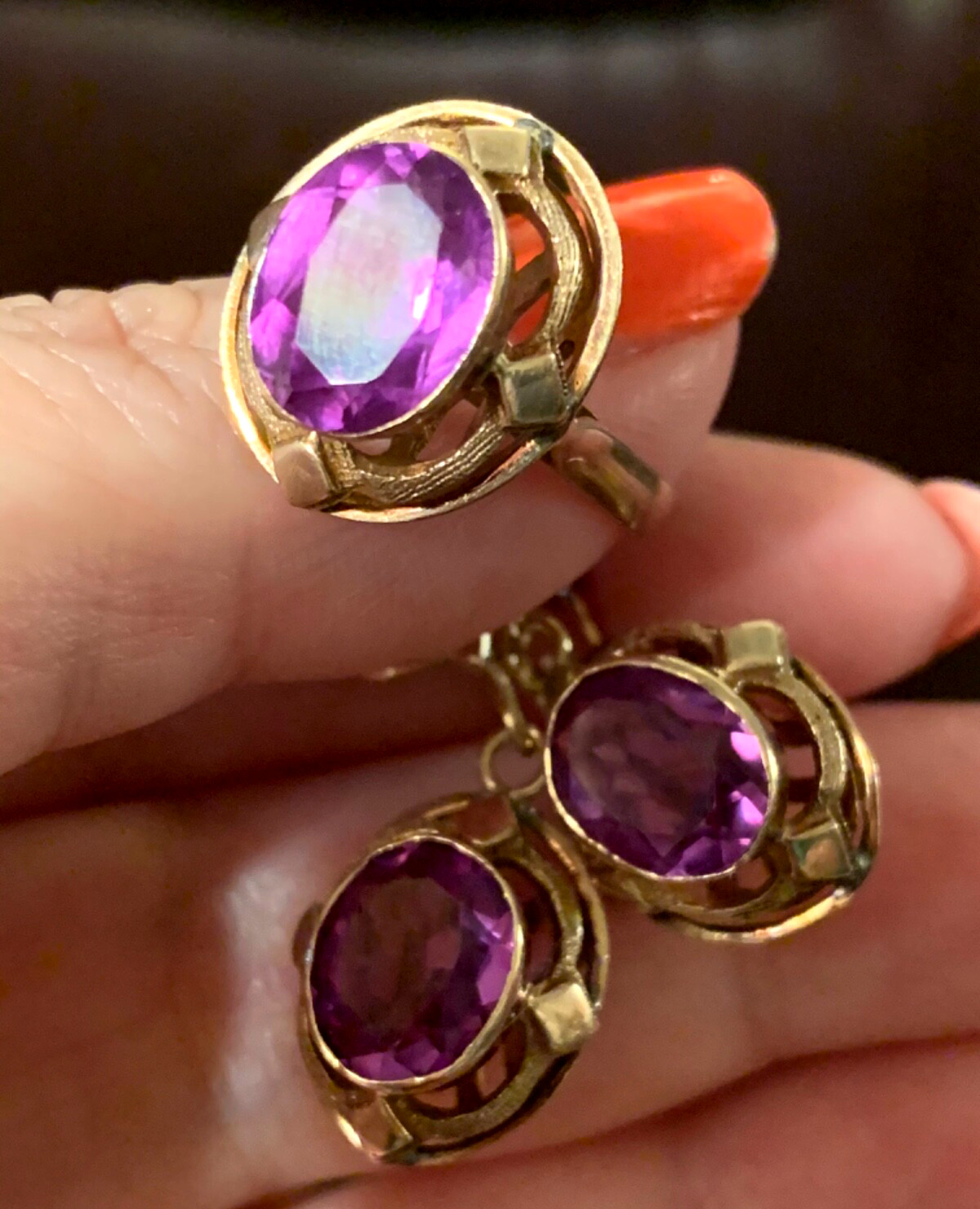 VINTAGE 14K RING & EARRINGS COLOR CHANGE PURPLE SAPPHIRE SET OF 2 CUSTOM MADE