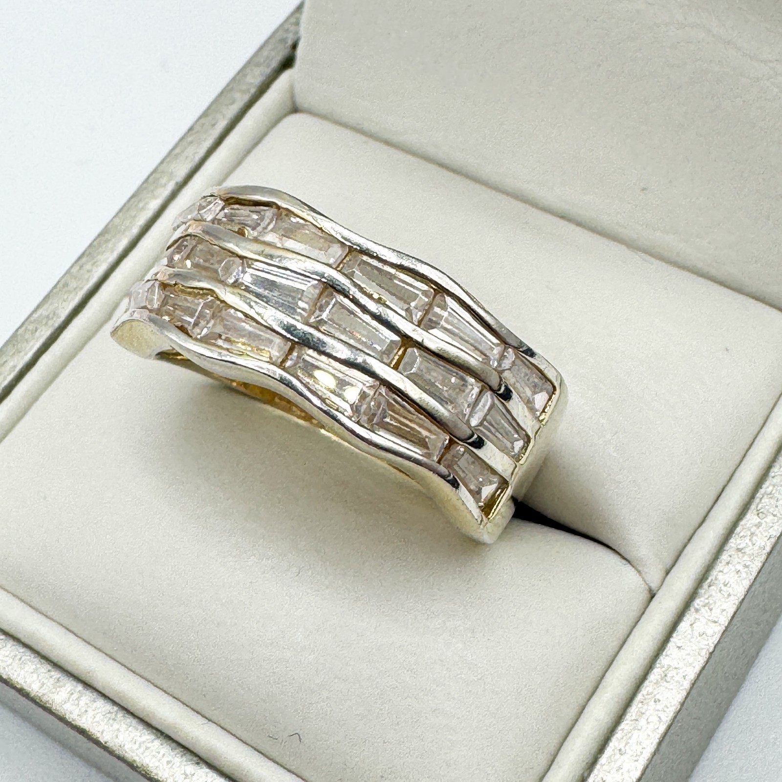 Elanza 925 Sterling Silver Gold Vermeil Baguette Cut Ring Size O Plated Band