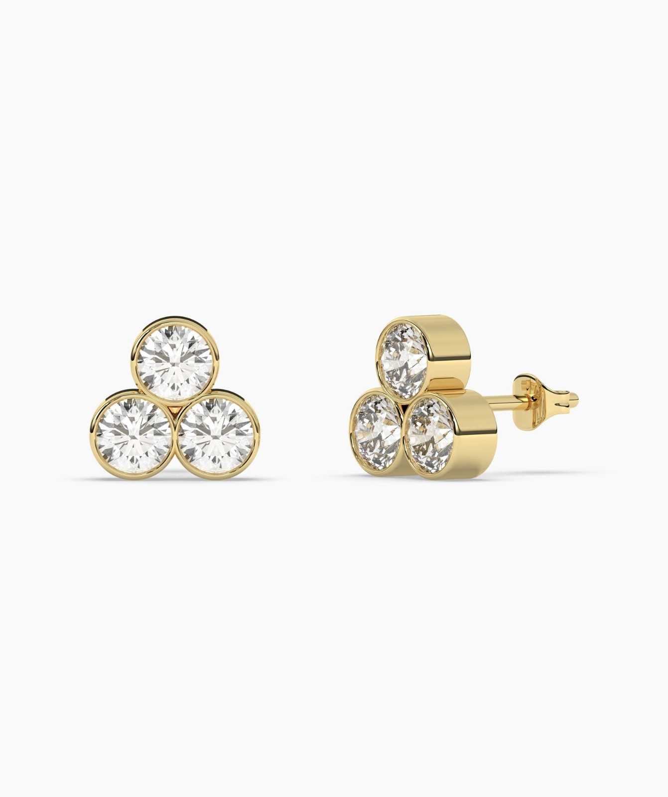 Round Cut Lab Grown Diamond 14K Solid Gold Dainty Trio Bezel Set Stud Earrings