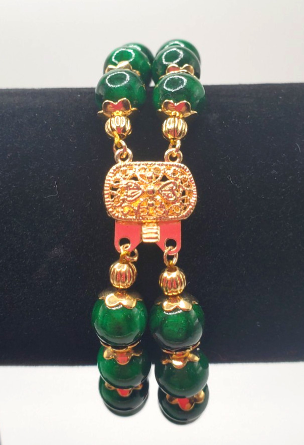 7″ Genuine Green Jade 2 Row Bracelet w/Gold-Plated Filigree Insert Clasp