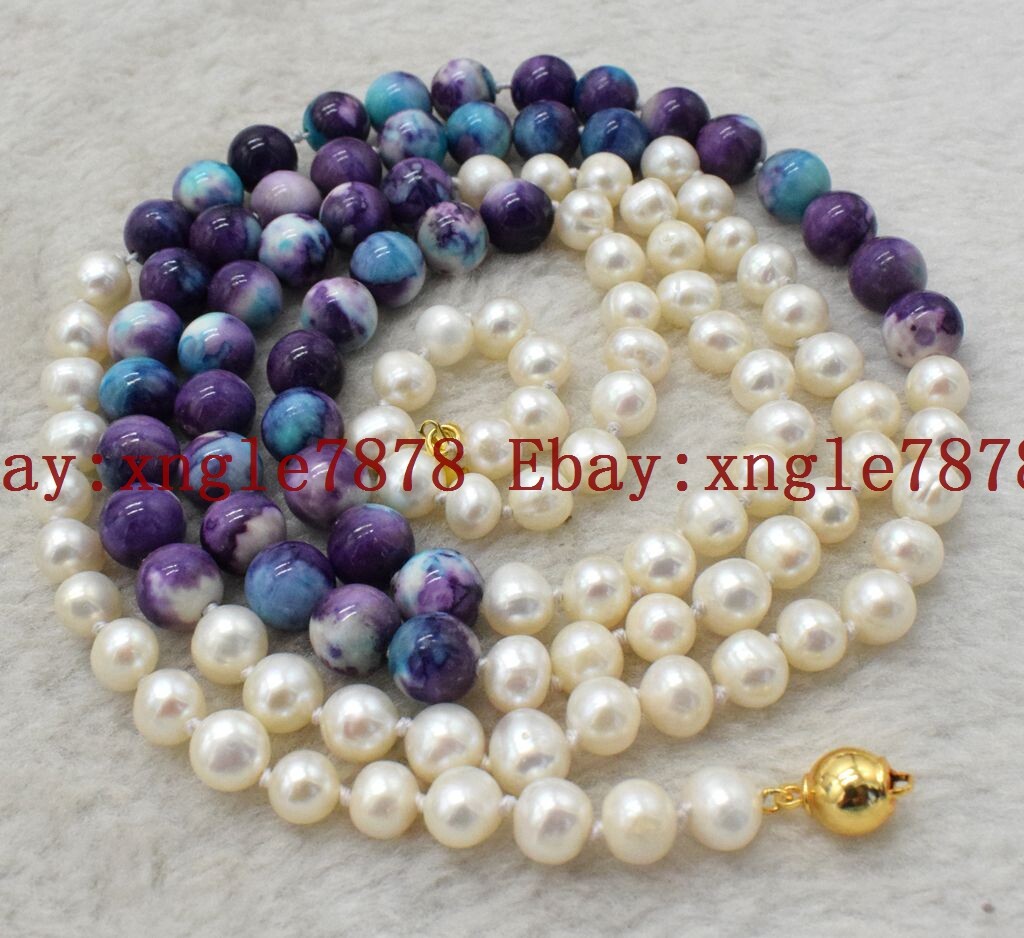Long 36 Inch 7-8mm White Freshwater Pearl 8mm Purple Blue Turquoise Necklace AAA