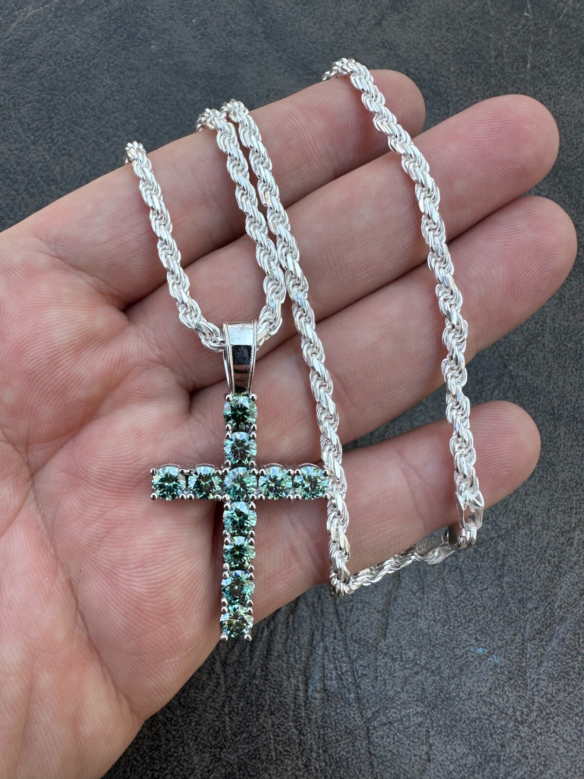 Green Blue MOISSANITE Real 925 Silver Tennis Cross Iced Pendant Necklace Hip Hop