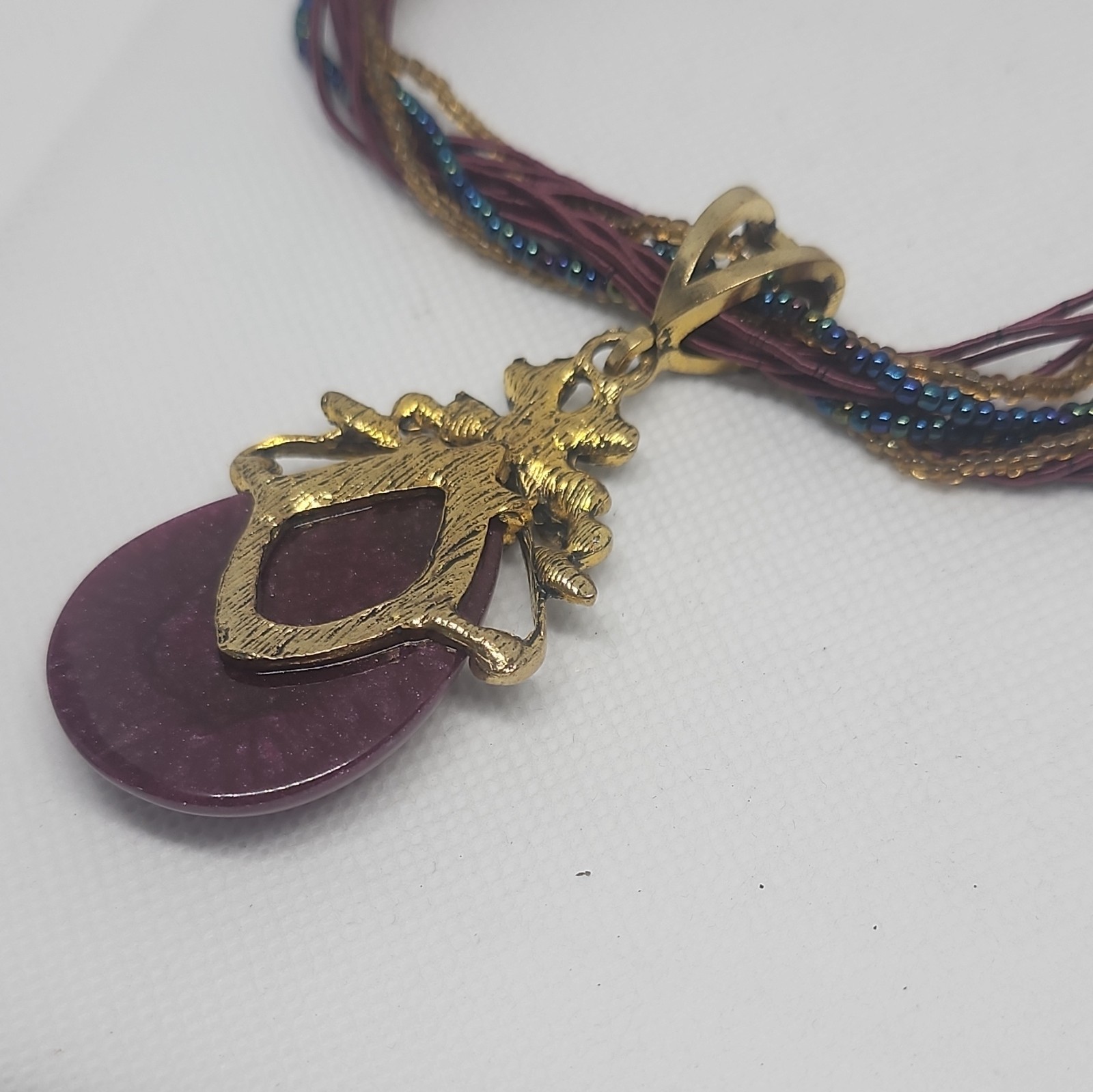 Multi-Strand Beaded Cord Necklace Purple Teardrop Charm Pendant Adjustable