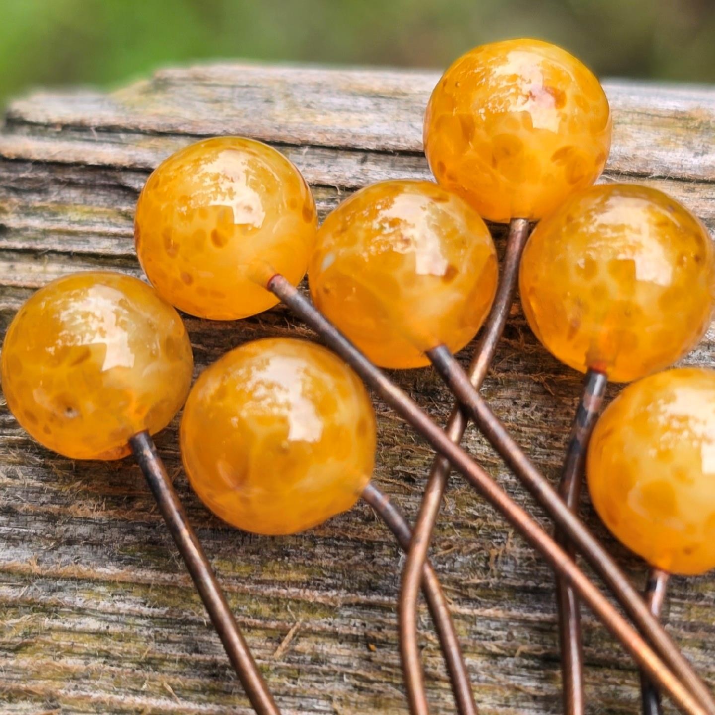7 Vintage Honey Marigold Mottled Art Glass Embedded Wire Beads Drops Dangles
