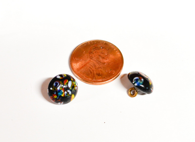 12 BLACK GLASS MILLEFIORE DESIGN BUTTONS * 10MM * VINTAGE GLASS * JAPAN