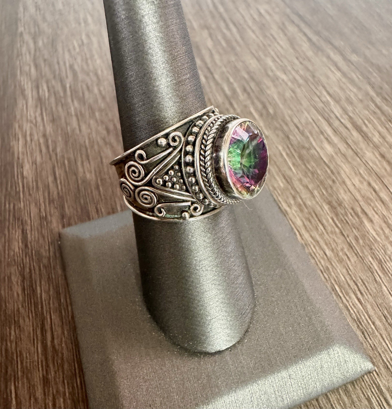 925 Sterling Silver Mystic Topaz Statement Ring Artisan Boho Scroll Size 8