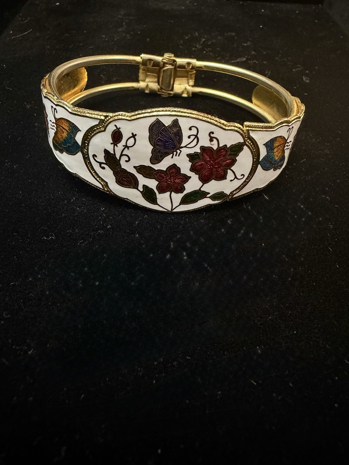 Vintage Cloisonné Gold Tone Floral & Butterfly Clamper Bracelet