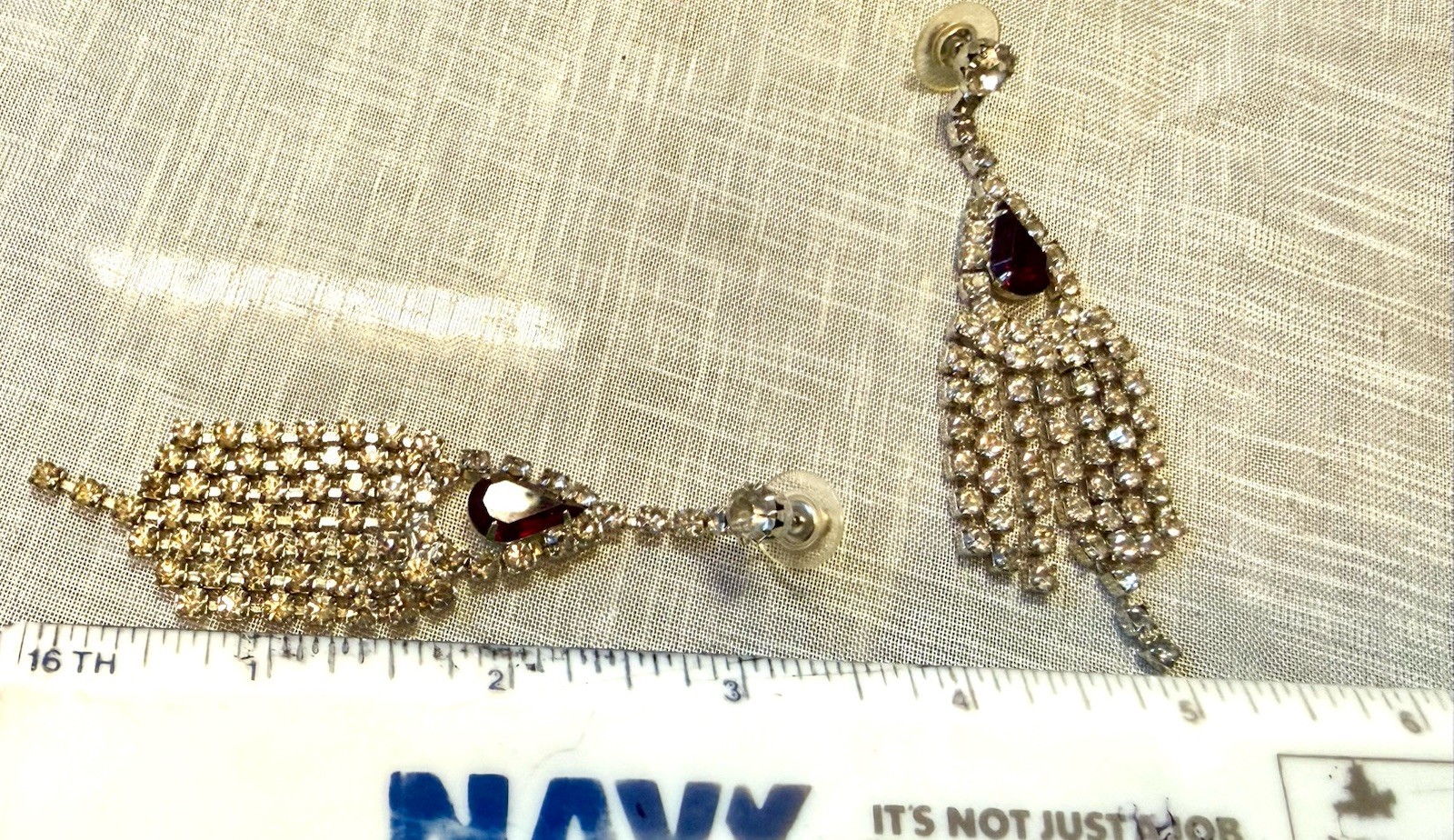 Vintage Red Rhinestone Fringe Necklace Earrings Set Silver Tone Statement Glam
