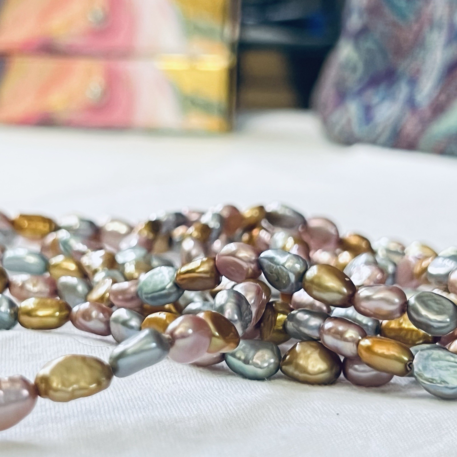 Estate Dyed Pink Grey Gold Freshwater Pearl Flapper Length Necklace, 62”