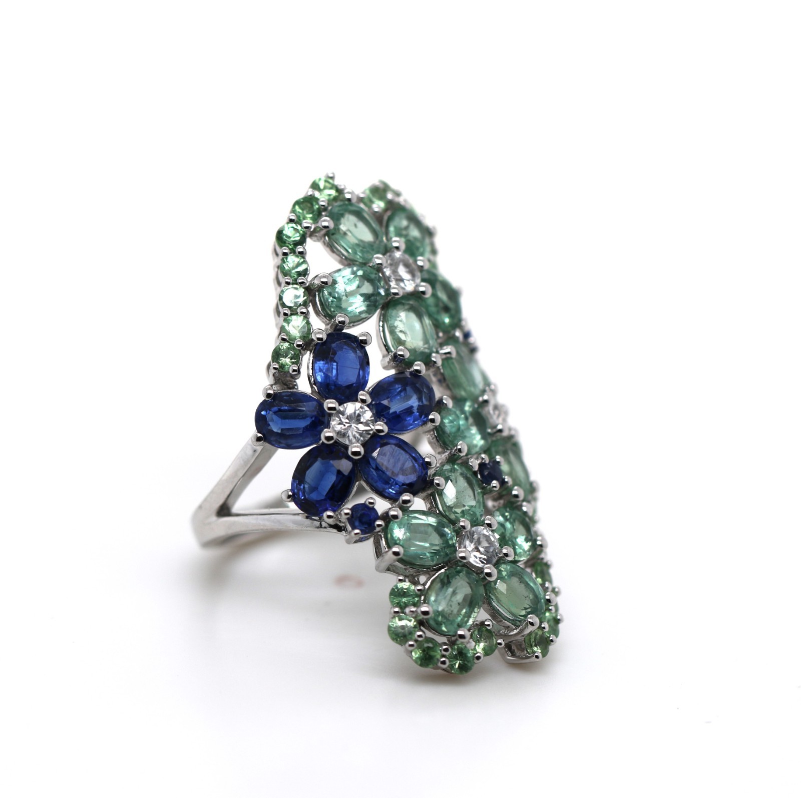 925 Tsavorite / White Zircon / Kyanite Ring
