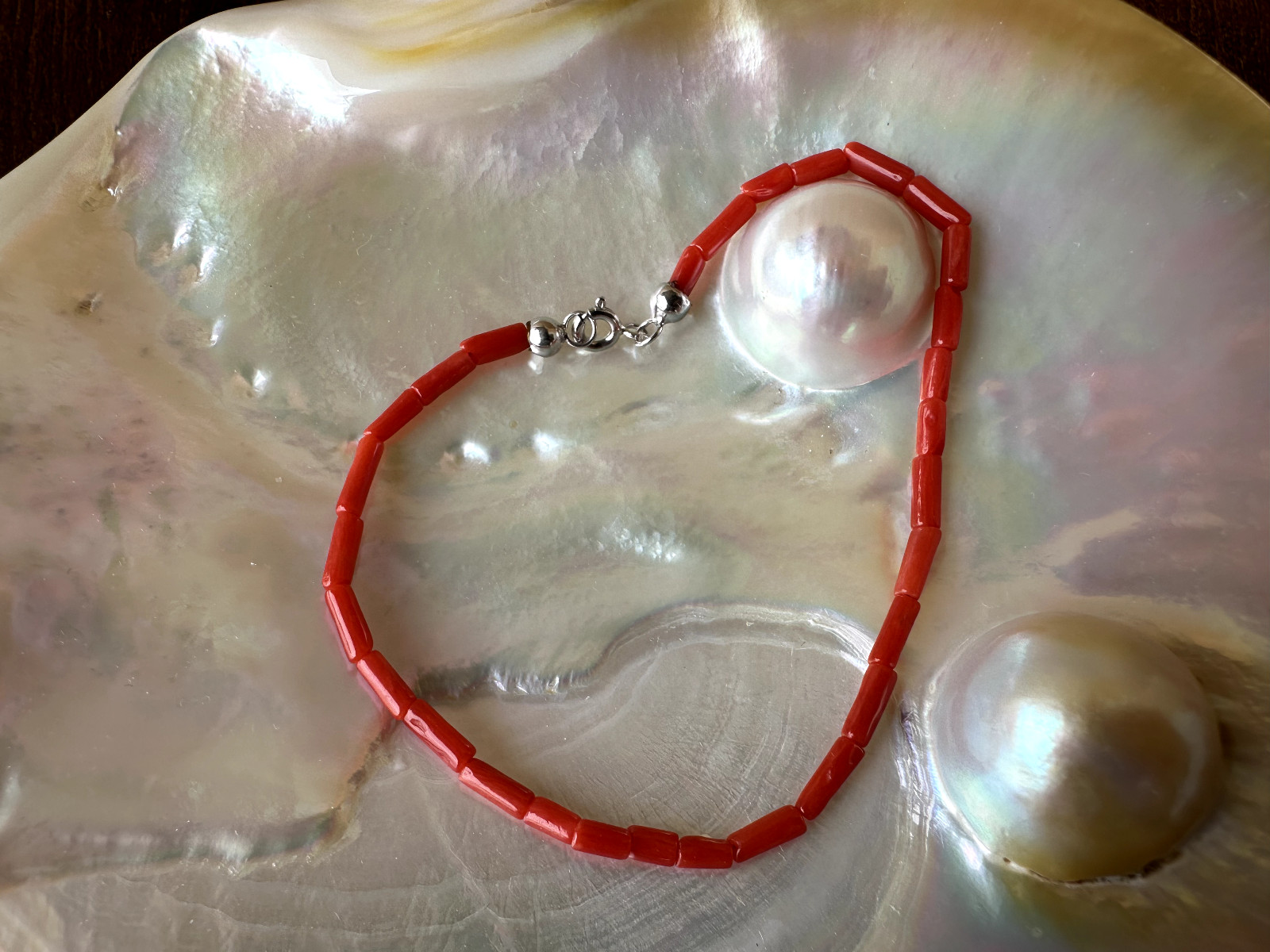 Bracciale a “cannette” di vero corallo rosso del mediterraneo e argento