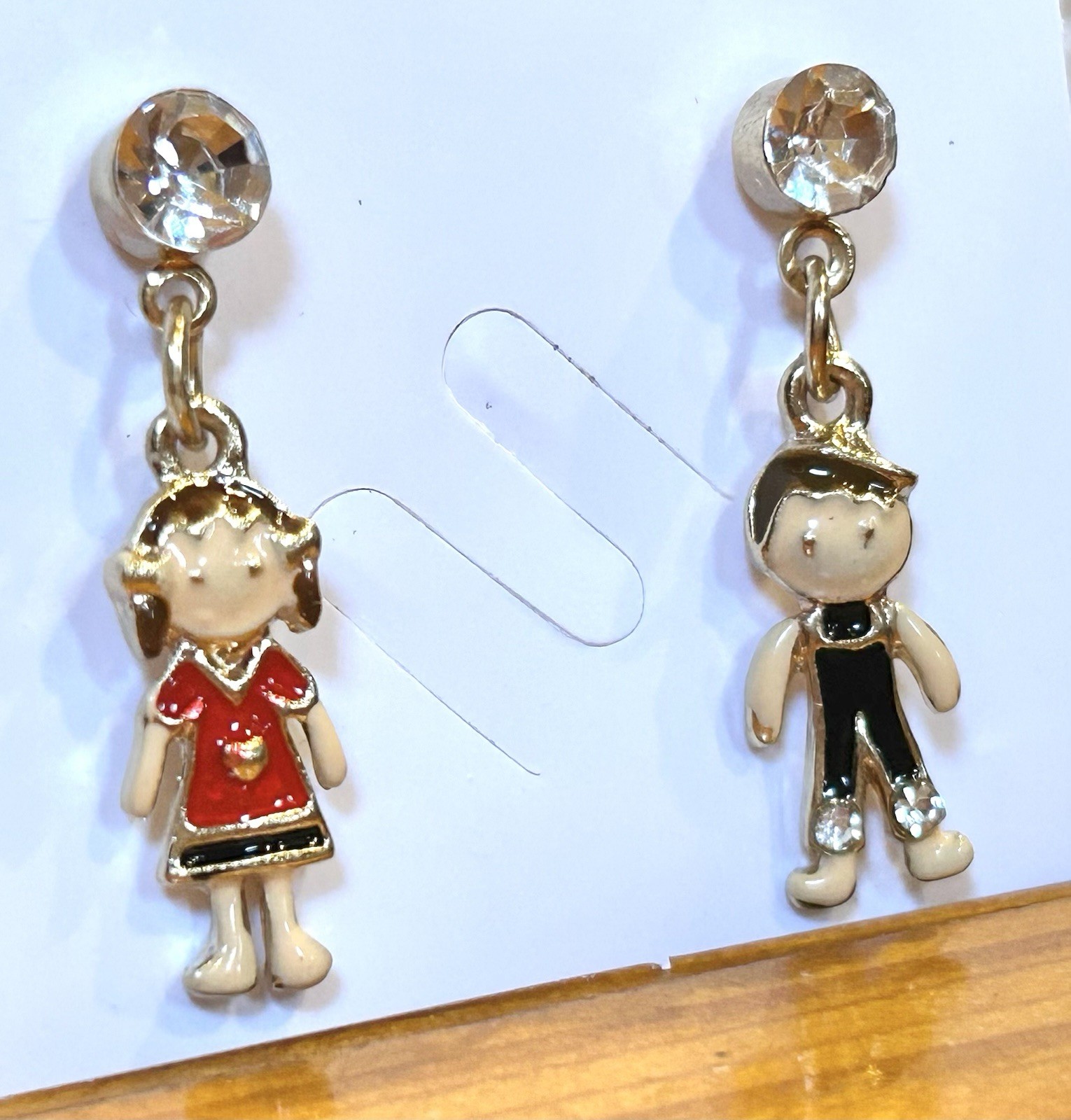Betsey Johnson DARLING Red Blue Enamel Crystal Boy Girl Dangle Earrings NWT
