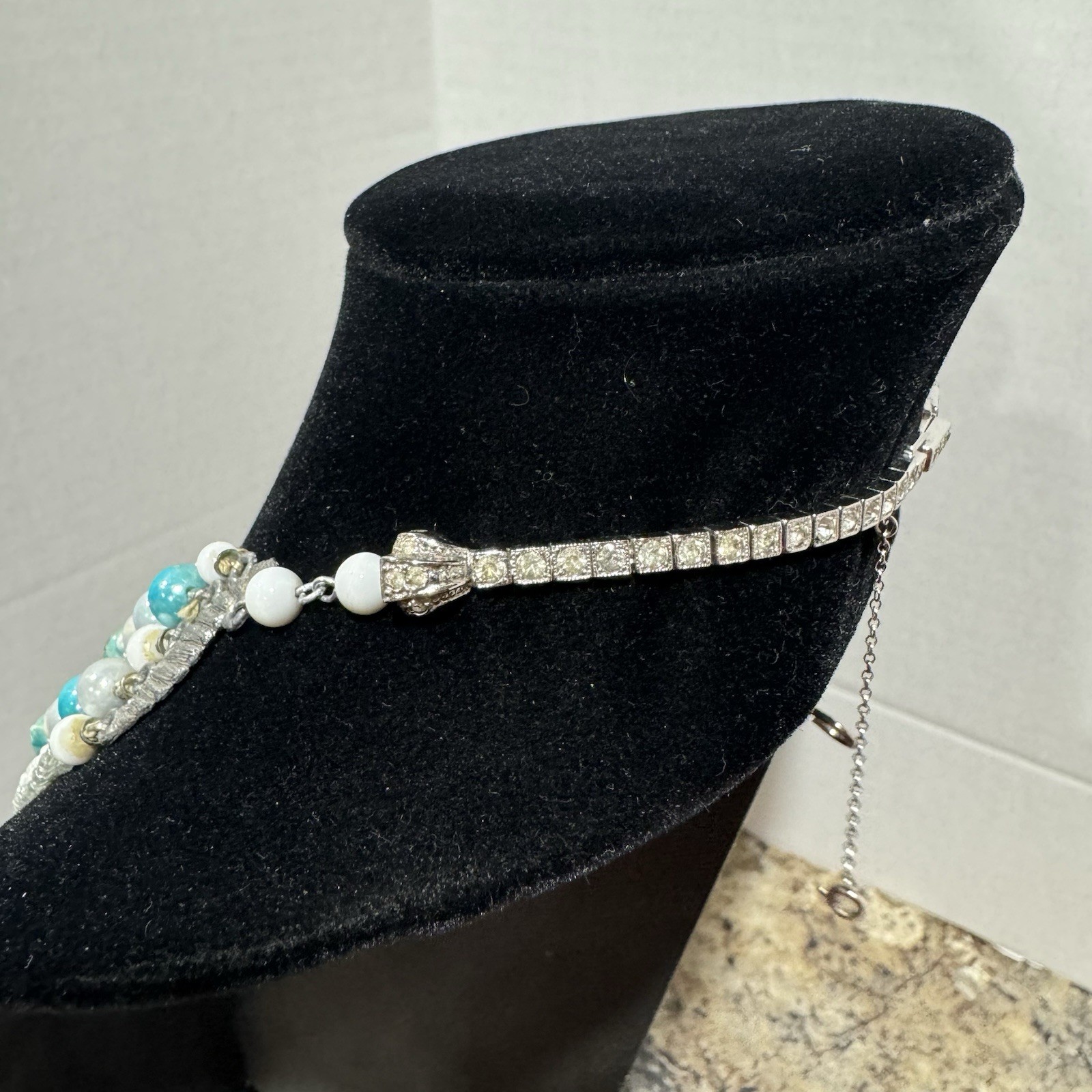 Vintage Sterling W & H Jewelry Co. Multi Strand Beaded Necklace Rhinestones Nice
