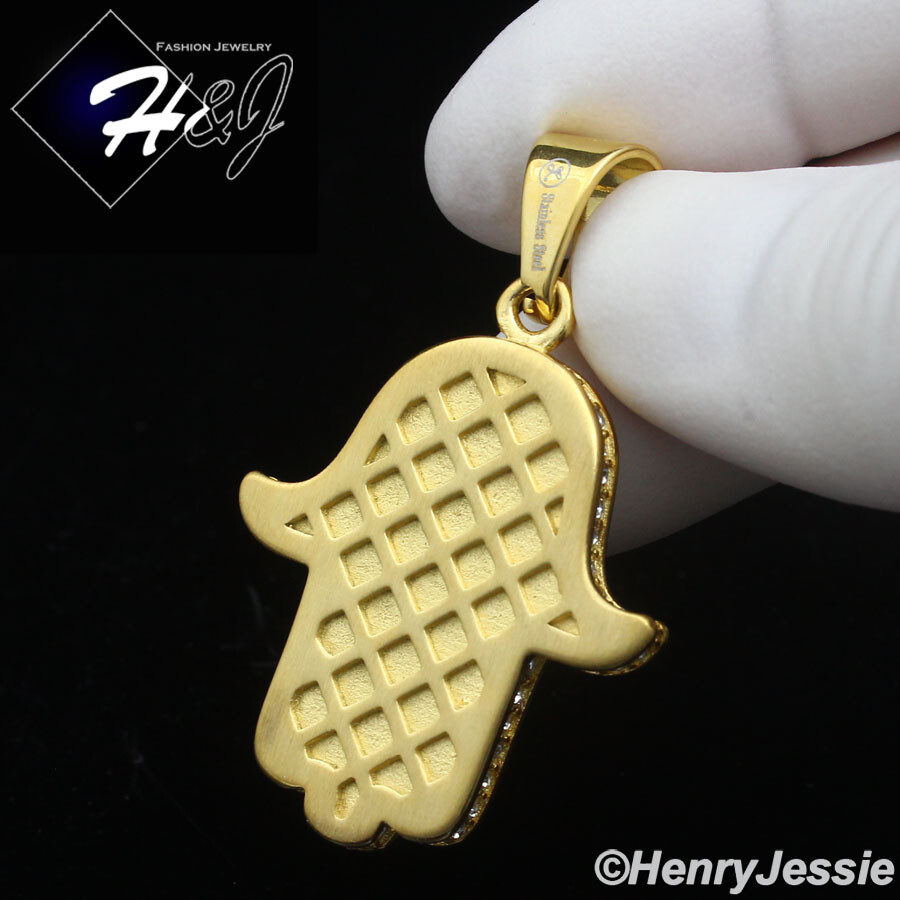 18″-36″MEN Stainless Steel 3mm Gold Plated Box Chain CZ Hamsa Hand Pendant*GP140