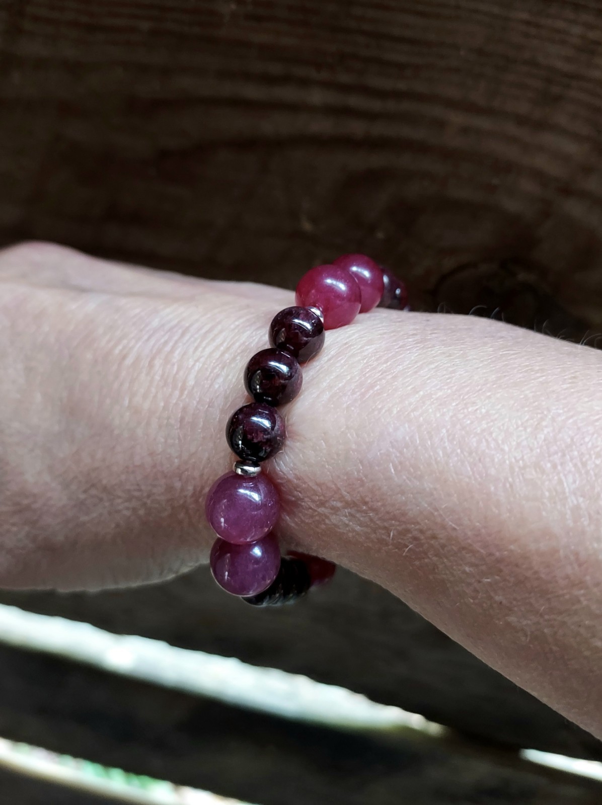 Red Garnet Gem Bead Bracelet With Dark Pink Strawberry Quartz Stretchy 6.75″
