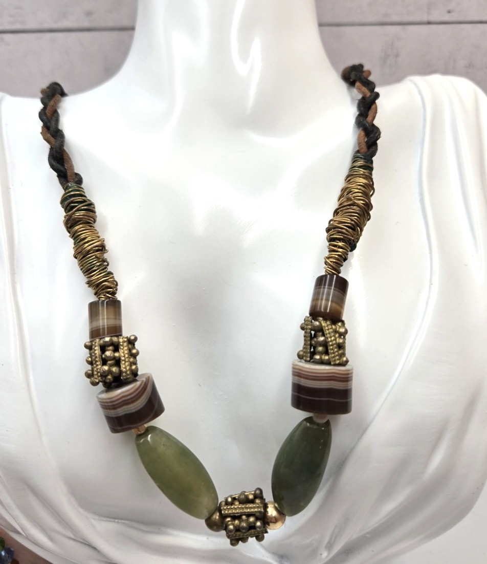 Boho Banded Agate style Brass color Beaded Braided Necklace western tribal 134