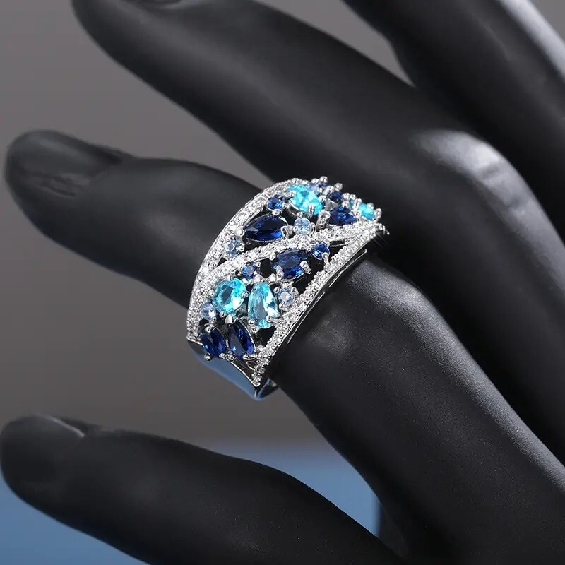 Elegant 925 Sterling Silver Blue White Topaz Wedding Engagement Ring Size 10